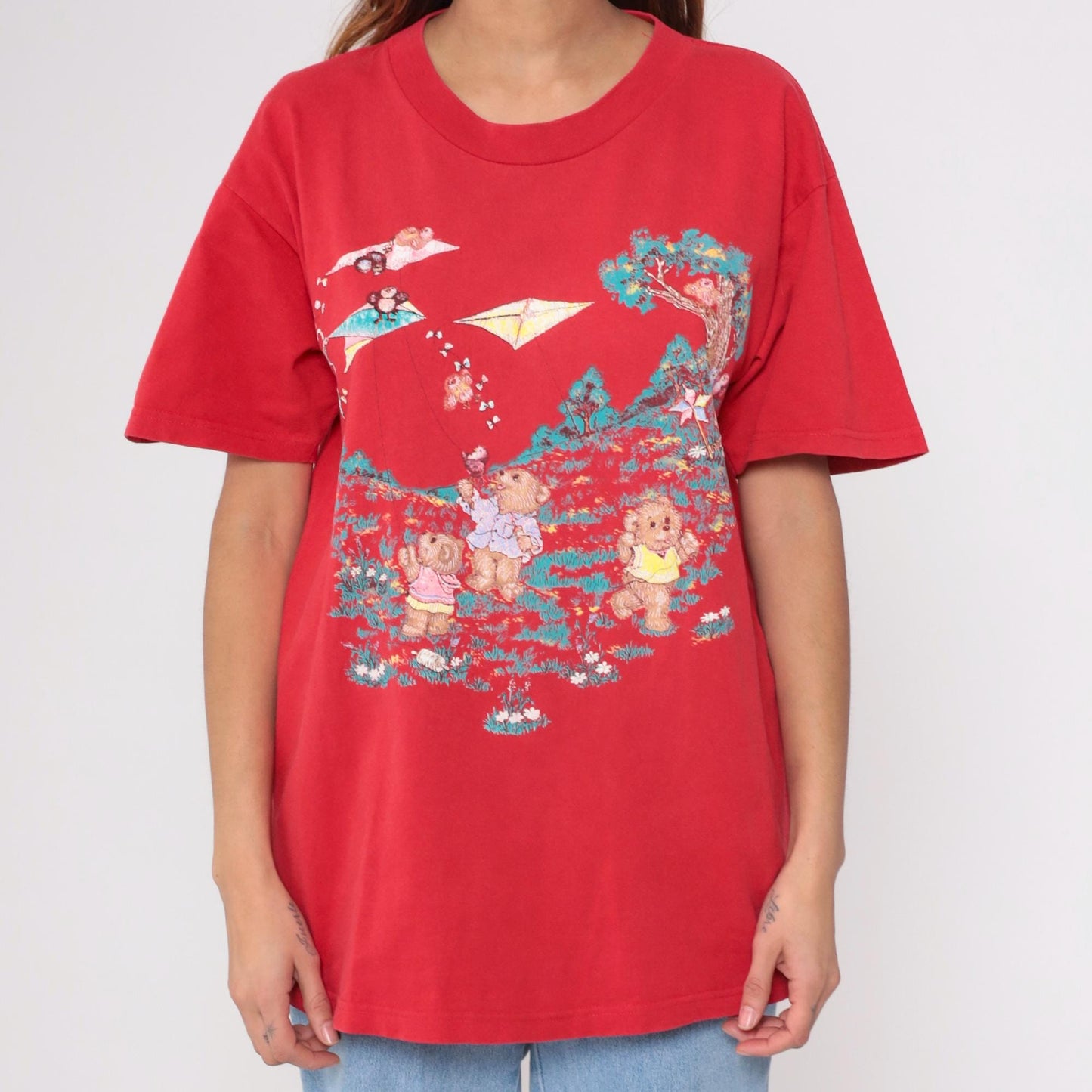 90s Teddy Bear Kite Graphic T-Shirt Red Crewneck Tee Large L