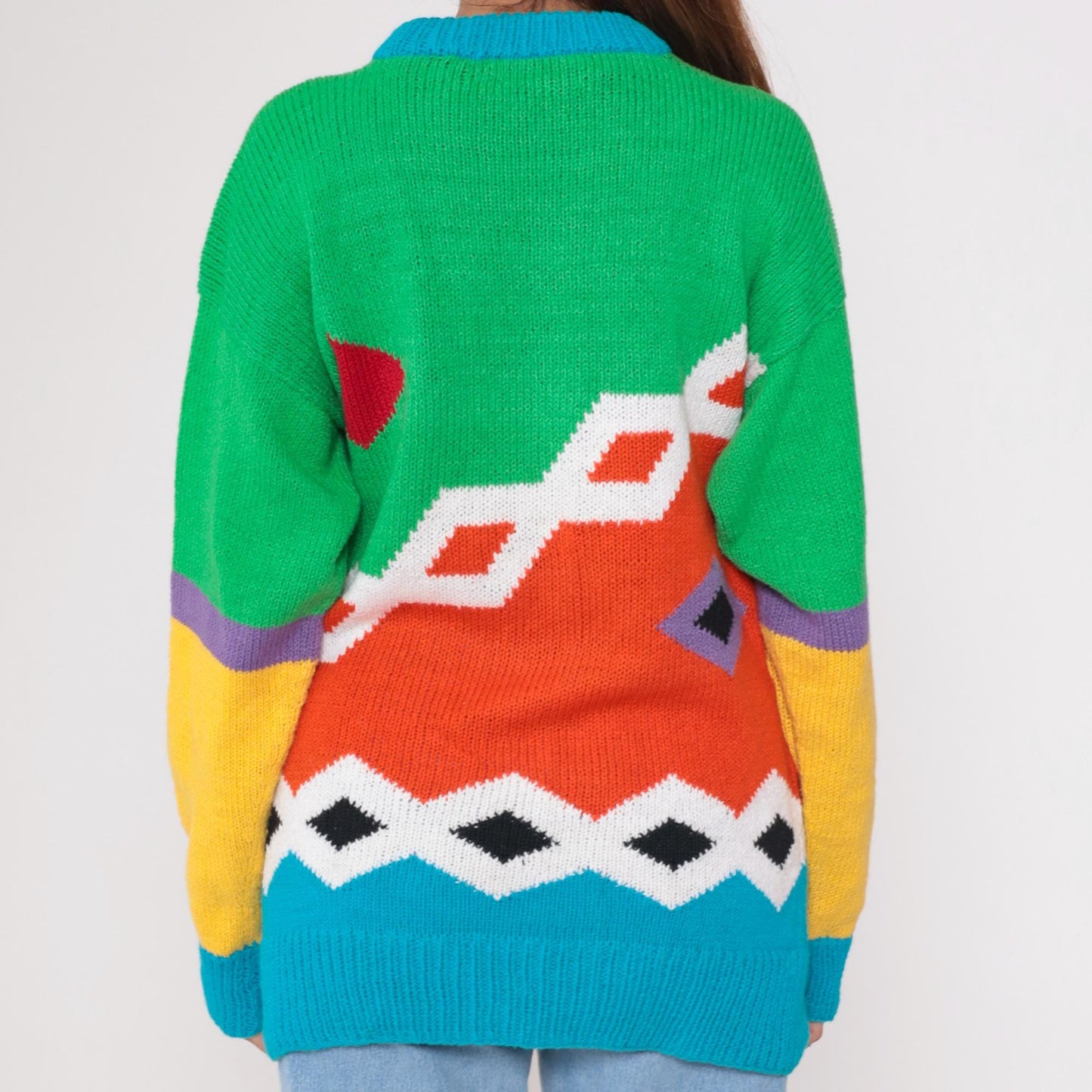 80s Geometric Color Block Knit Sweater Cotton Crewneck Orange Green Blue Large