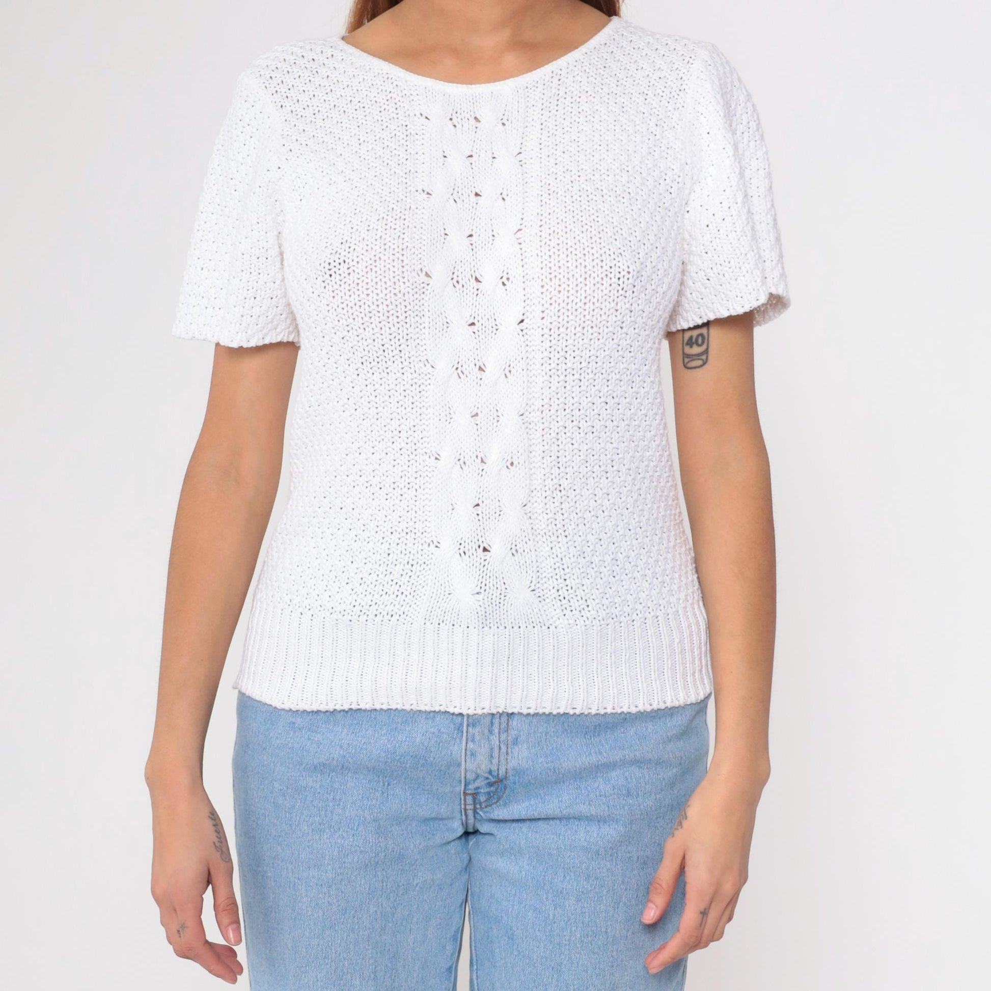80s Yarn Spinners Cable Knit Sweater Top White Cotton Short Sleeve Extra Small
