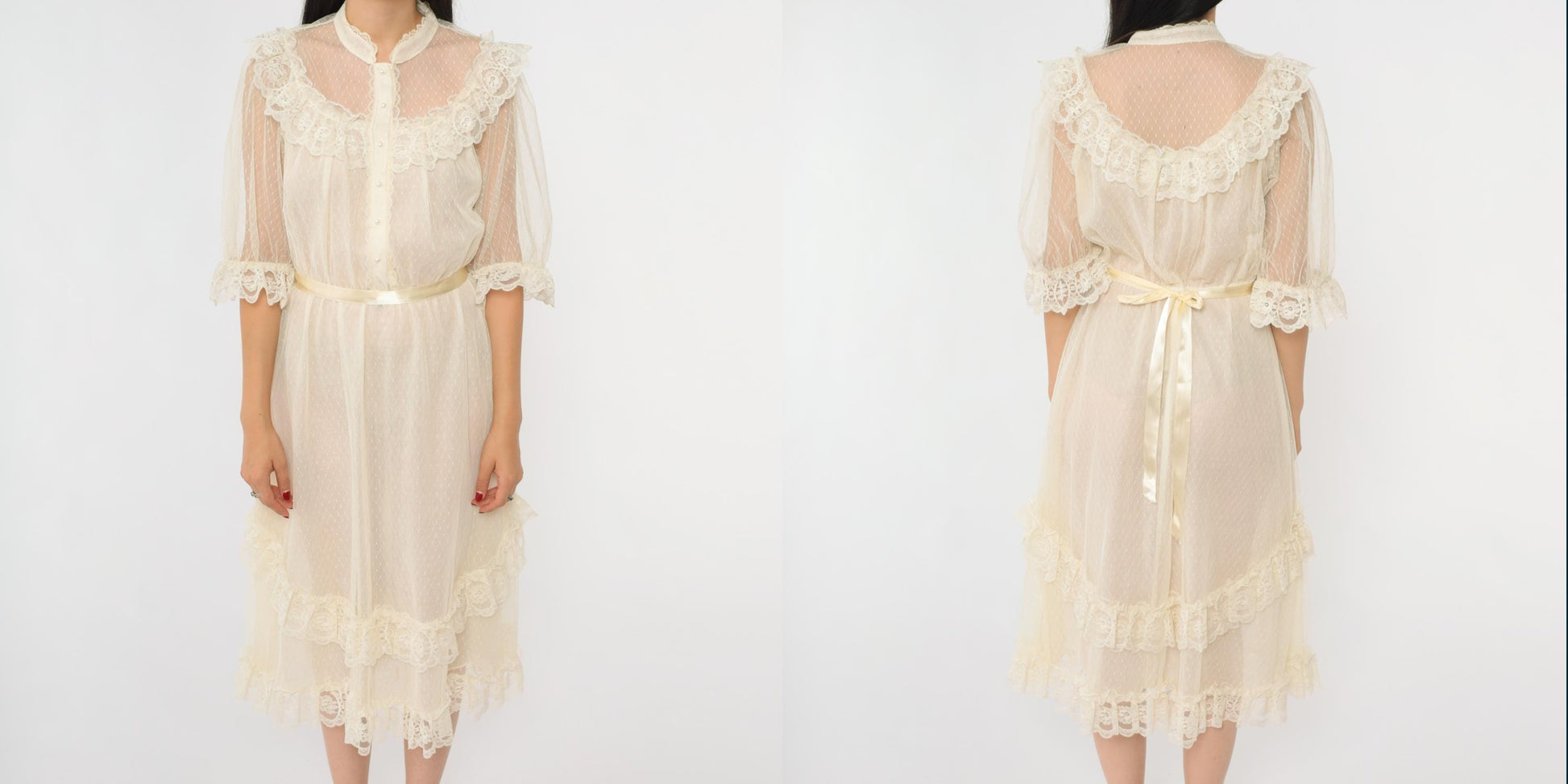 70s Cream Lace Midi Dress Pearl Button Puff Sleeve High Neck Small