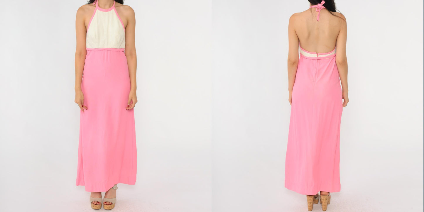 70s Lanz Original Pink Halter Maxi Dress Pointelle Knit Open Back Extra Small