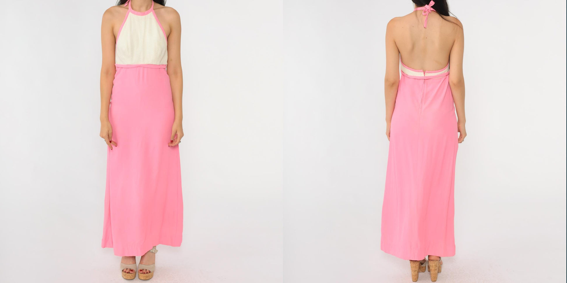 70s Lanz Original Pink Halter Maxi Dress Pointelle Knit Open Back Extra Small