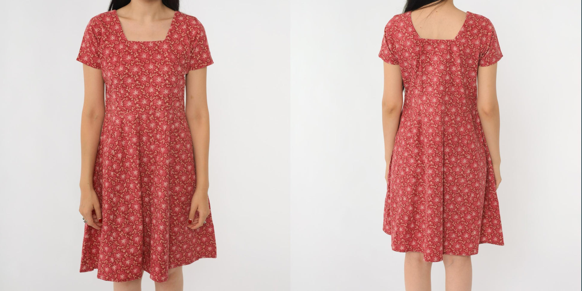 90s Red Floral Mini Dress High Waist Square Neck Short Sleeve Medium