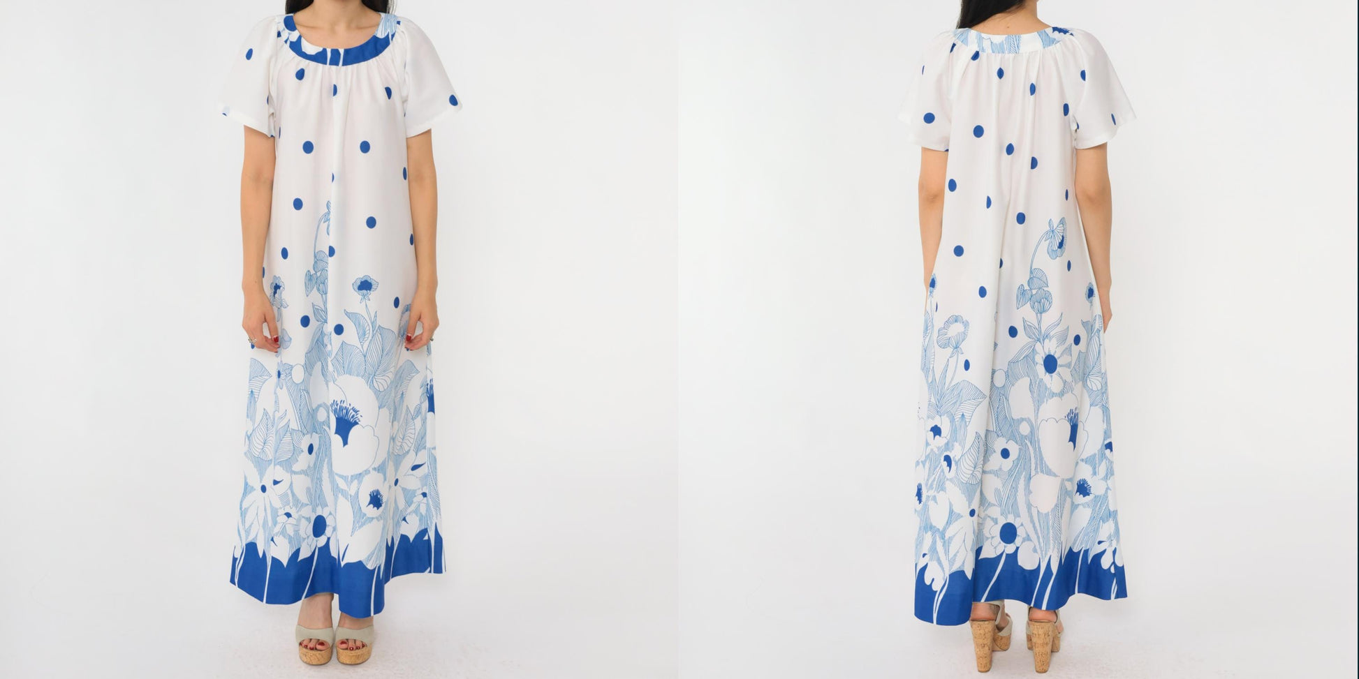 70s White Floral Caftan Maxi Dress Blue Graphic Print Flutter Sleeve Medium M