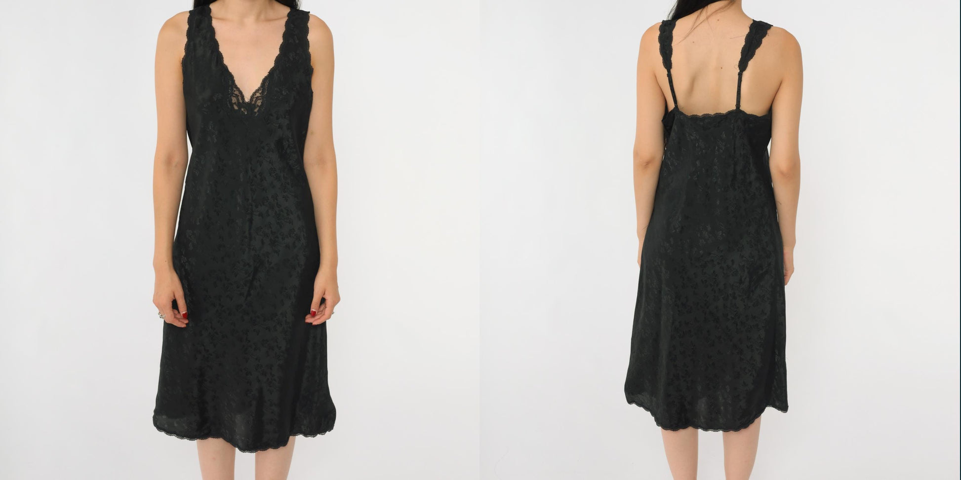 90s Barbizon Black Floral Jacquard Slip Dress Lace Trim Deep V Small