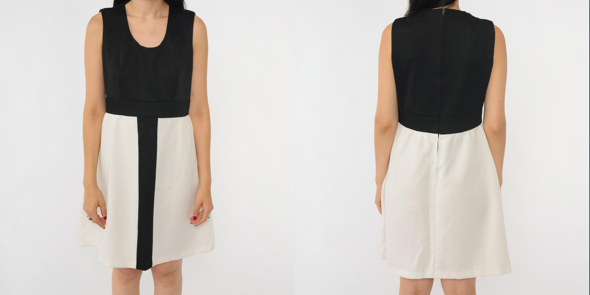 60s Mod Color Block Mini Dress Black White Striped High Waist Sleeveless Medium