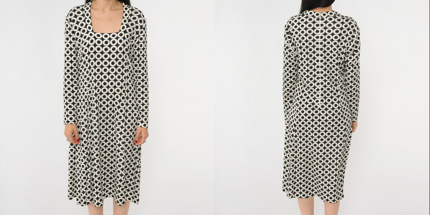 70s Maurice Black White Op Art Circle Print Midi Dress Square Neck Large L
