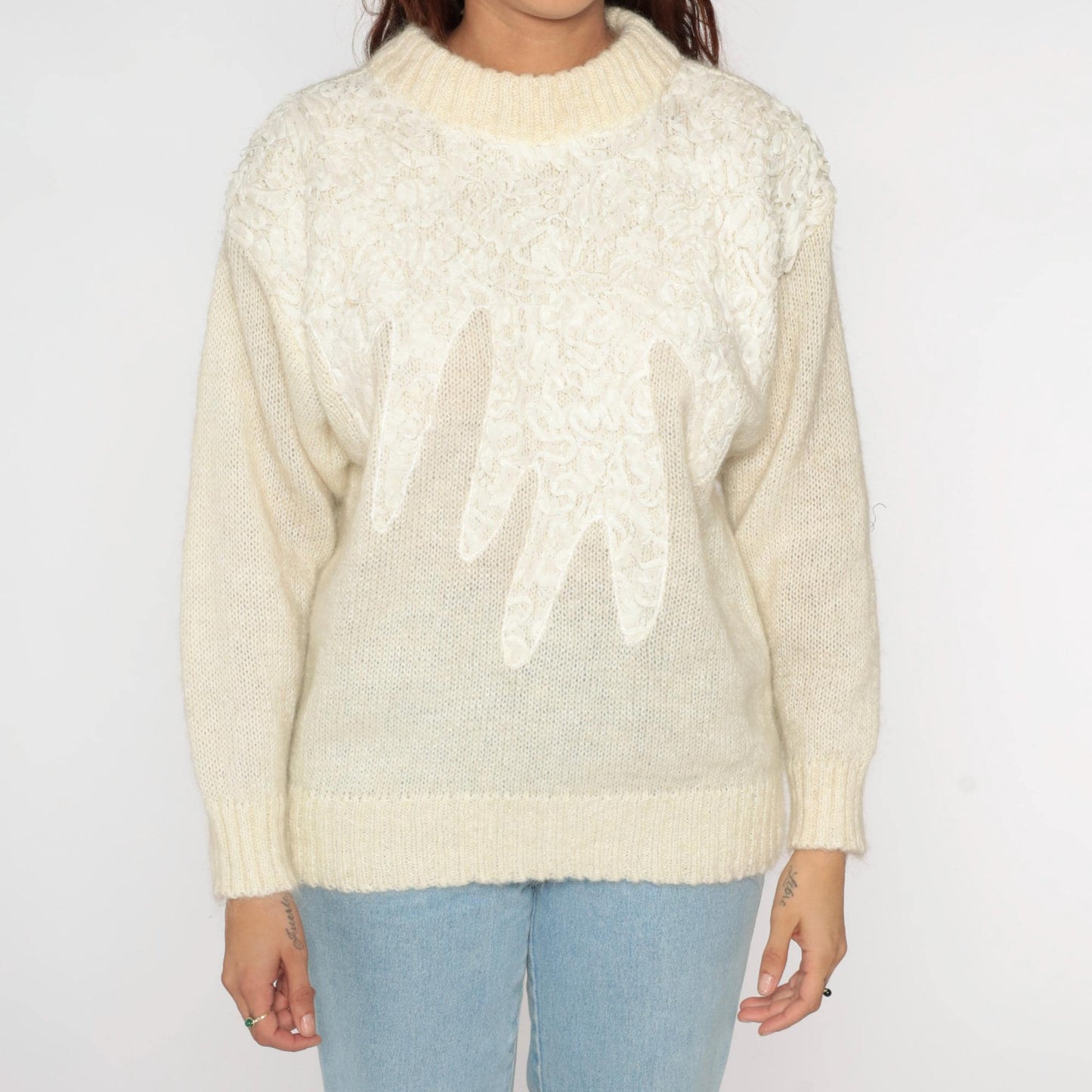 80s Cream Lace Soutache Sweater Fuzzy Knit Pullover Medium M