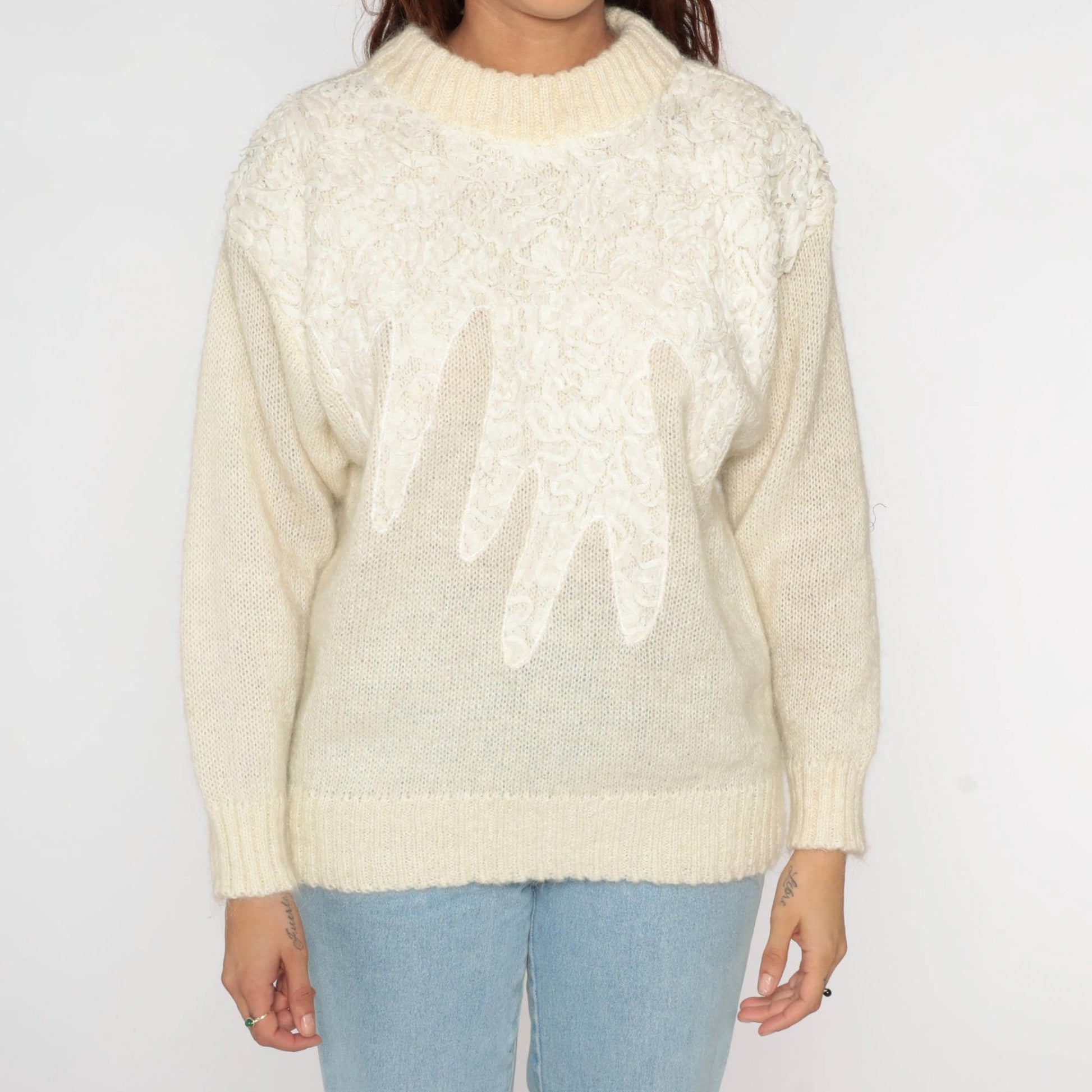 80s Cream Lace Soutache Sweater Fuzzy Knit Pullover Medium M
