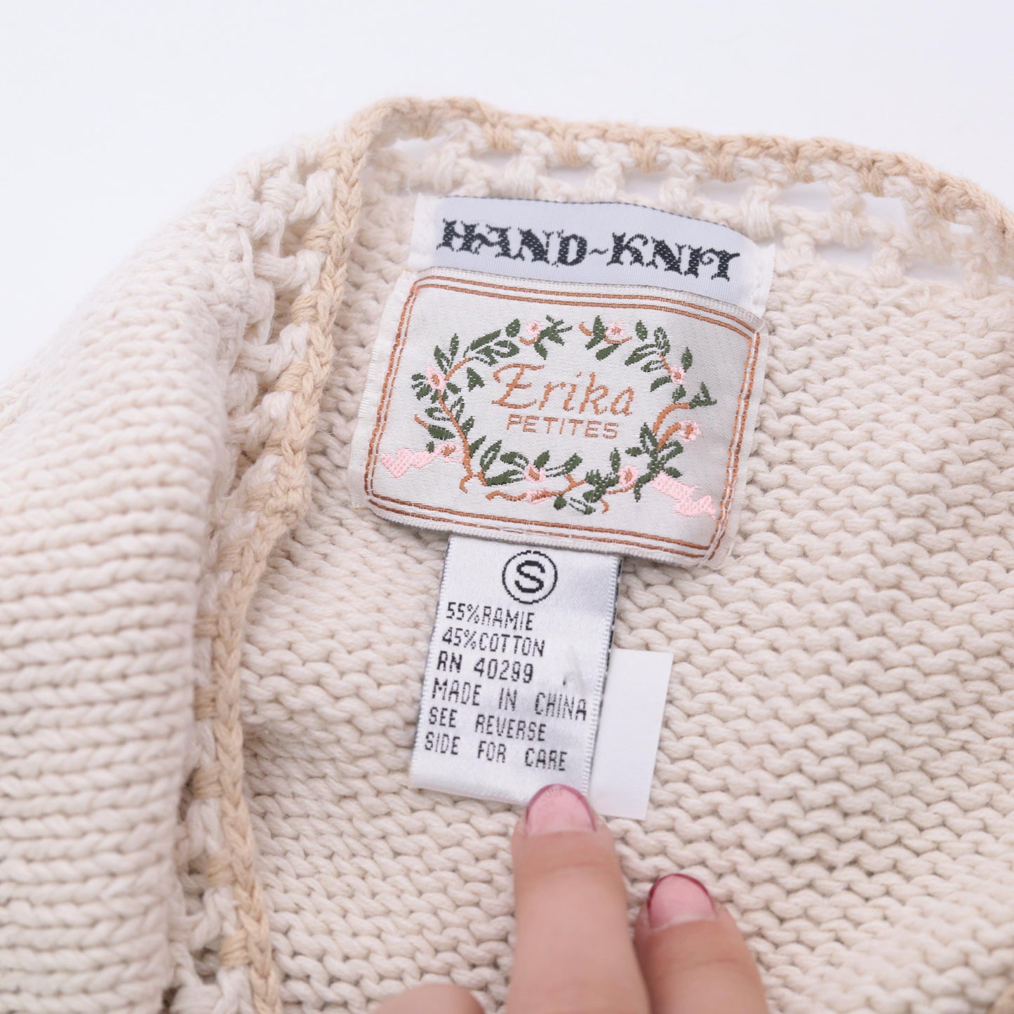 90s Erika Petites Floral Embroidered Openwork Sweater Ecru Small