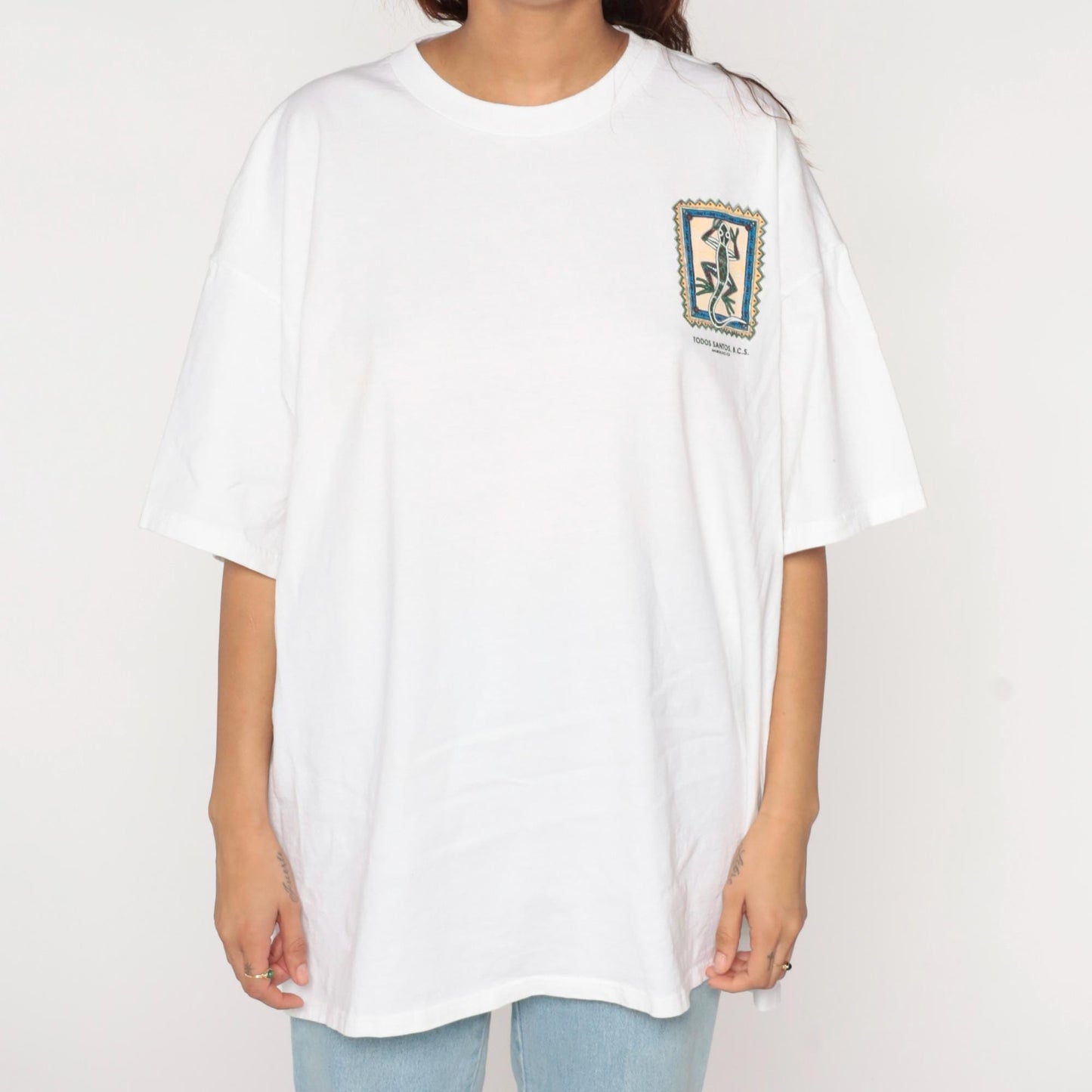 90s Todos Santos BCS Iguana Rana Lizard Graphic T-Shirt White Cotton XXL