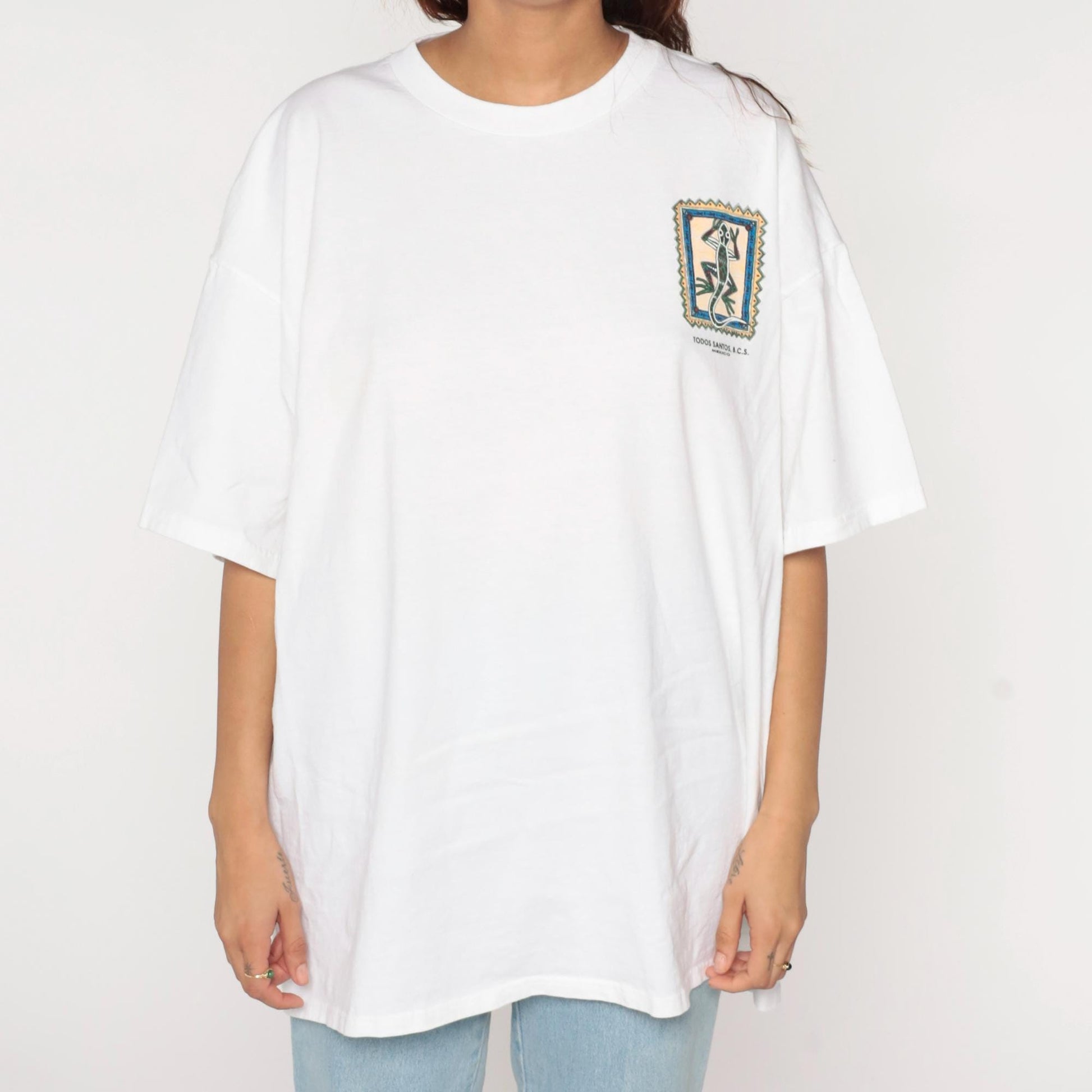 90s Todos Santos BCS Iguana Rana Lizard Graphic T-Shirt White Cotton XXL