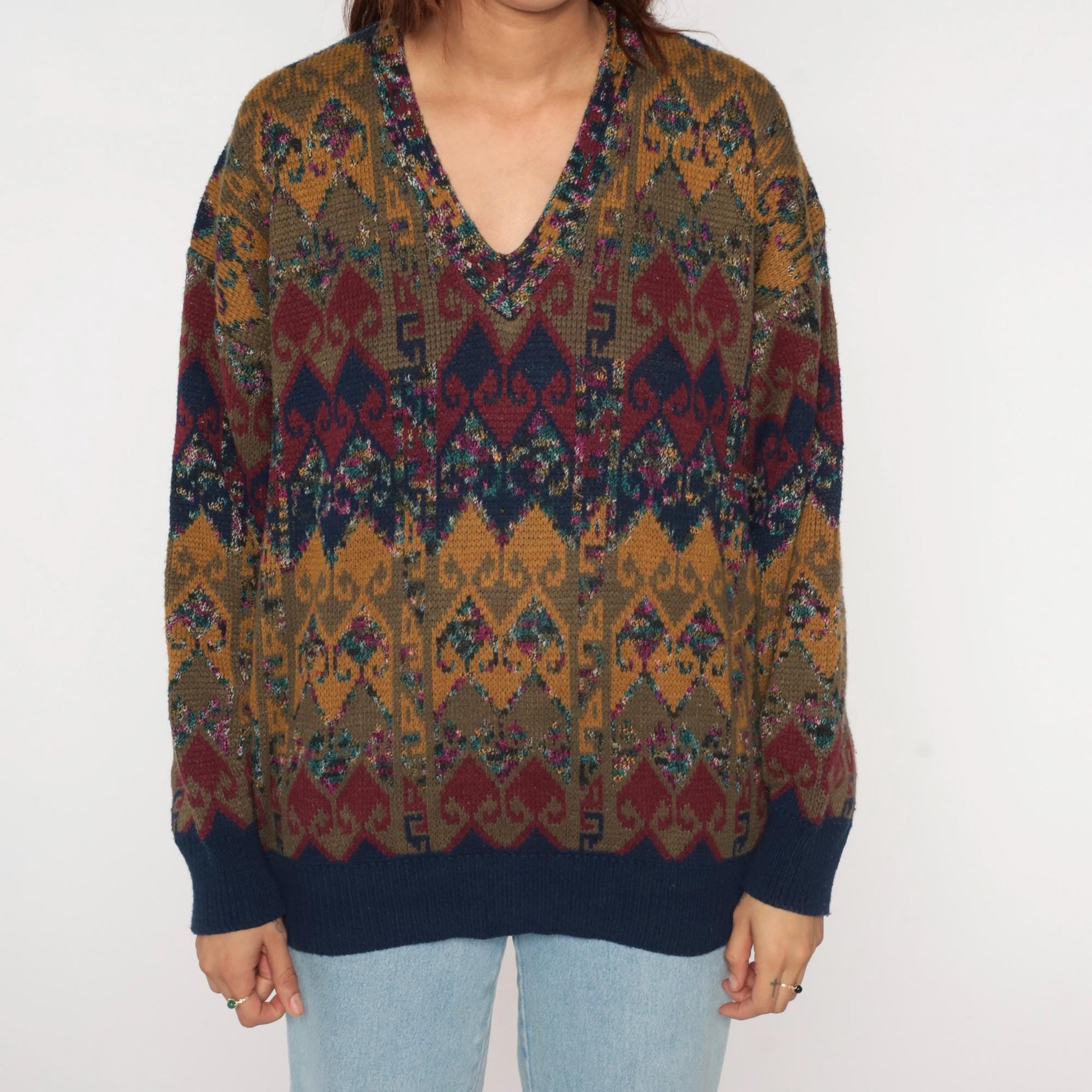 80s Scusa Abstract Geometric V-Neck Sweater Mustard Burgundy Olive Large L