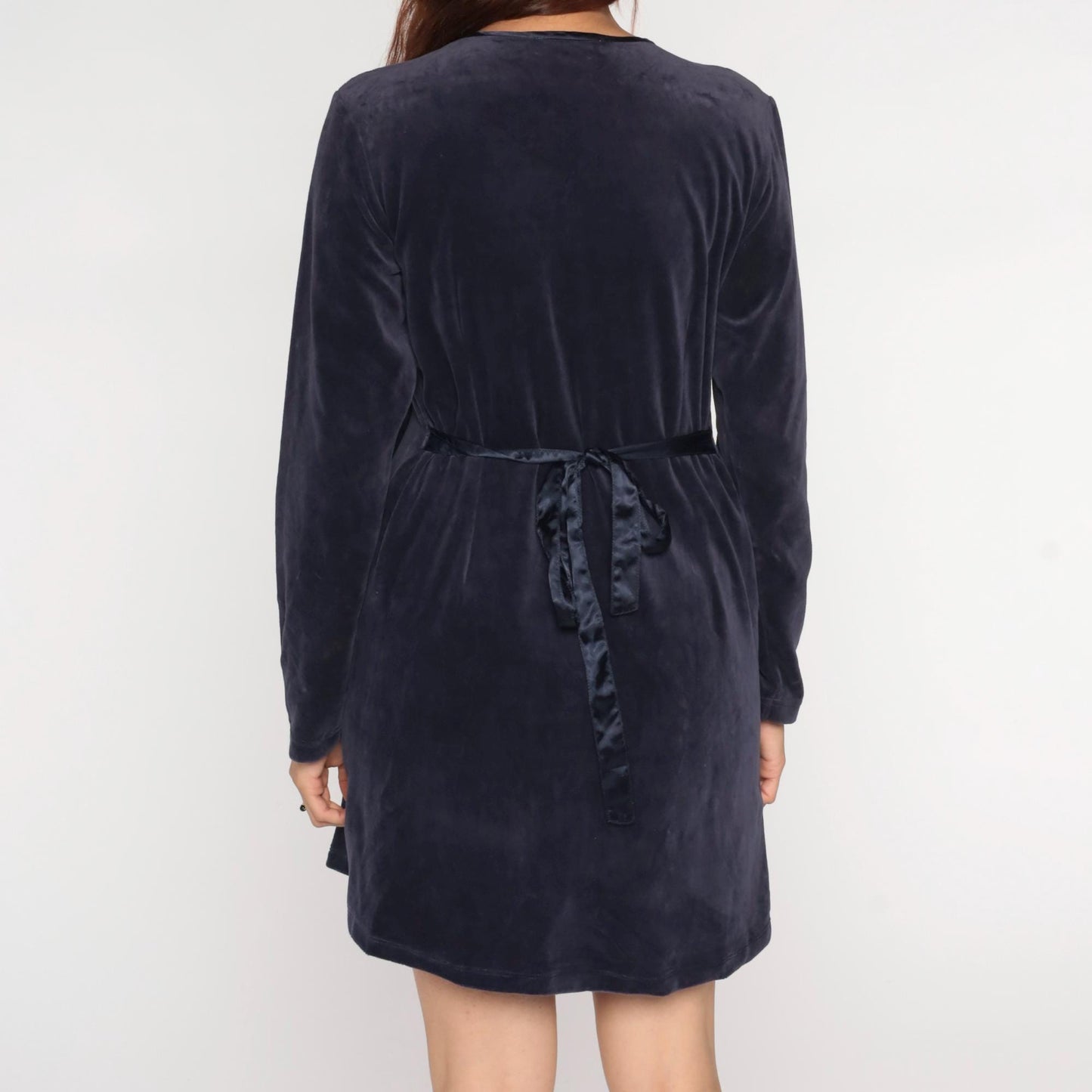 90s Midnight Blue Velour Mini Dress Long Sleeve Pleated Babydoll Medium M