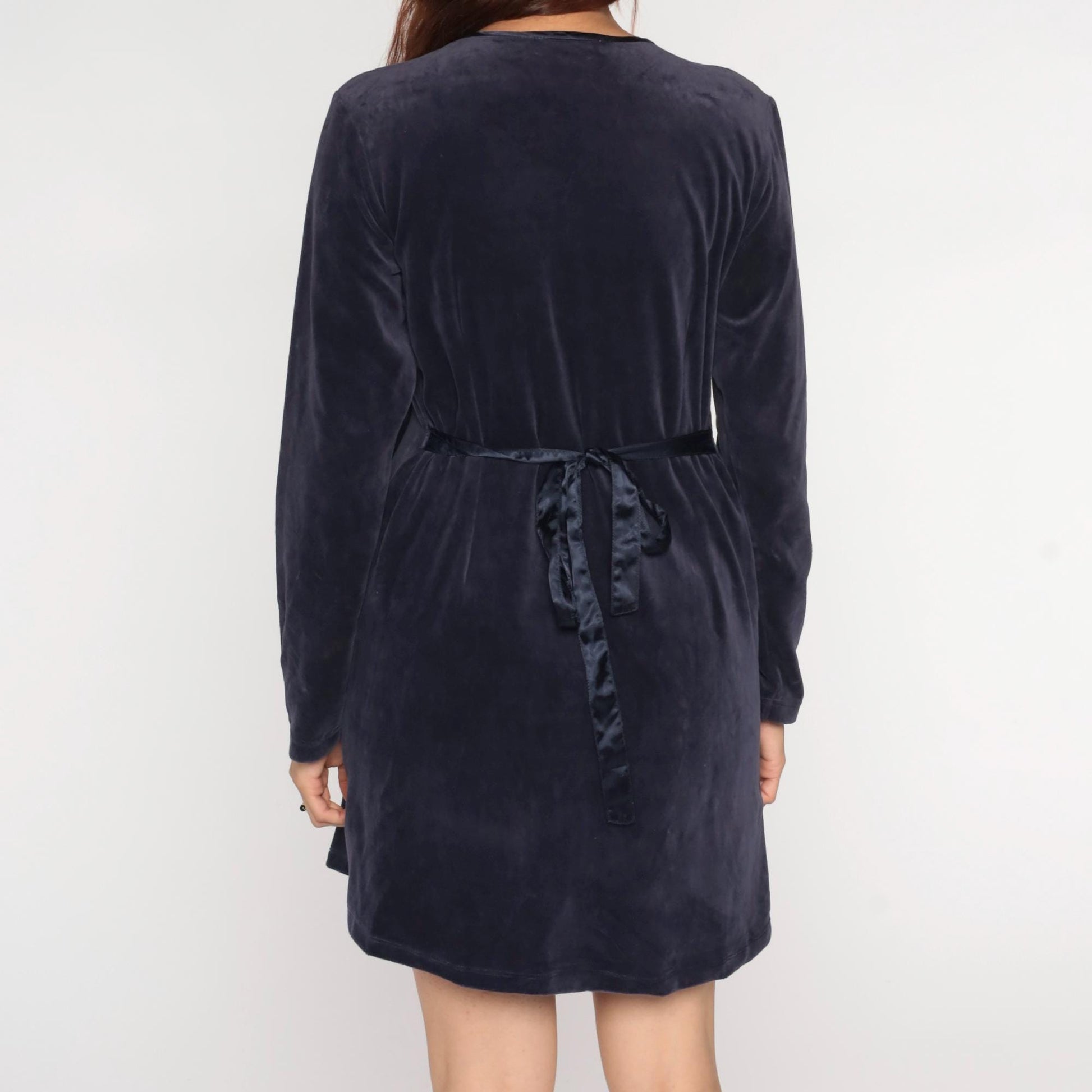 90s Midnight Blue Velour Mini Dress Long Sleeve Pleated Babydoll Medium M