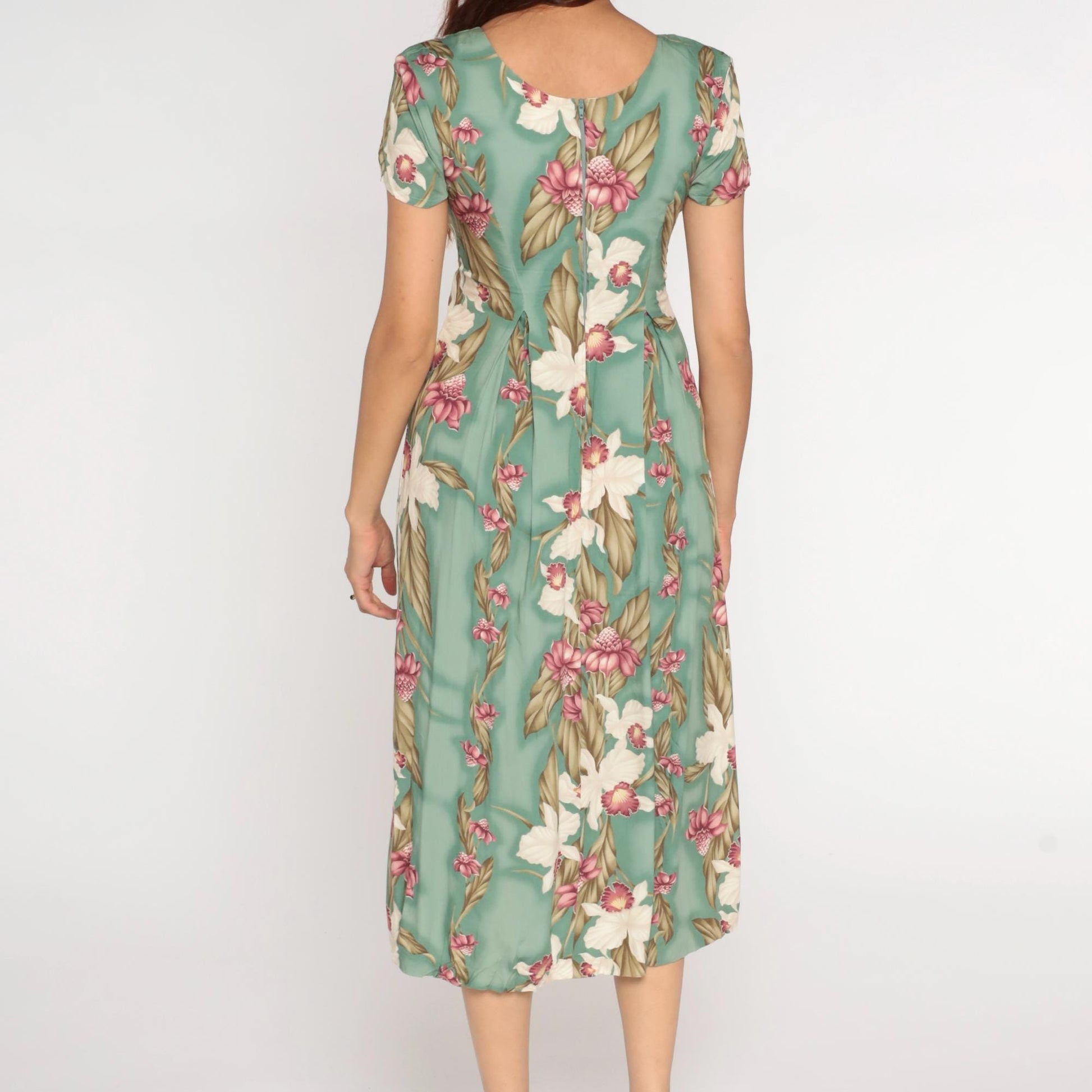 90s Iolani Hawaiian Tropical Floral Midi Dress Green Short Sleeve Petite