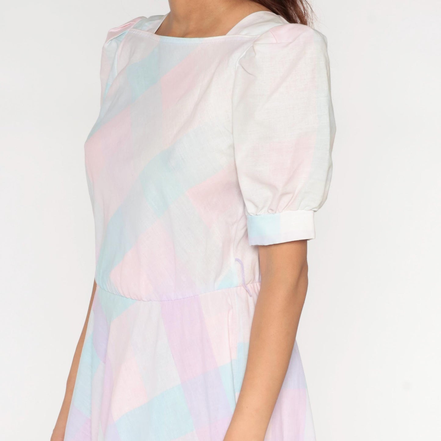 80s Pastel Checkered Puff Sleeve Midi Dress High Waist Pink Purple Blue Medium M