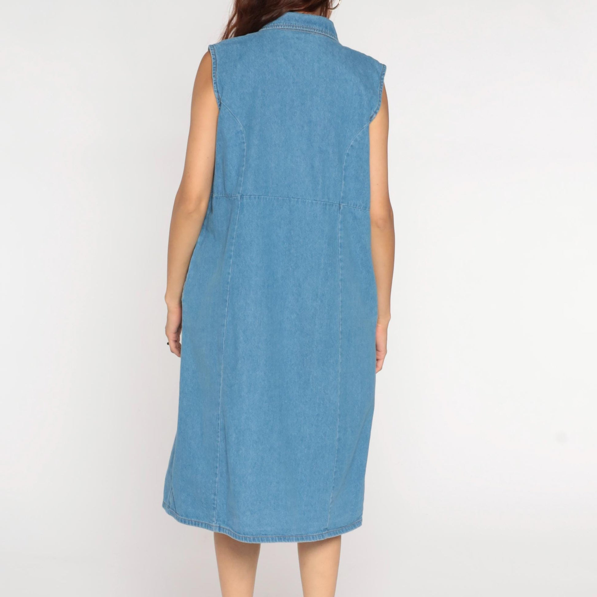 90s Blue Denim Midi Dress Sleeveless Button-Up High Waist Medium Large