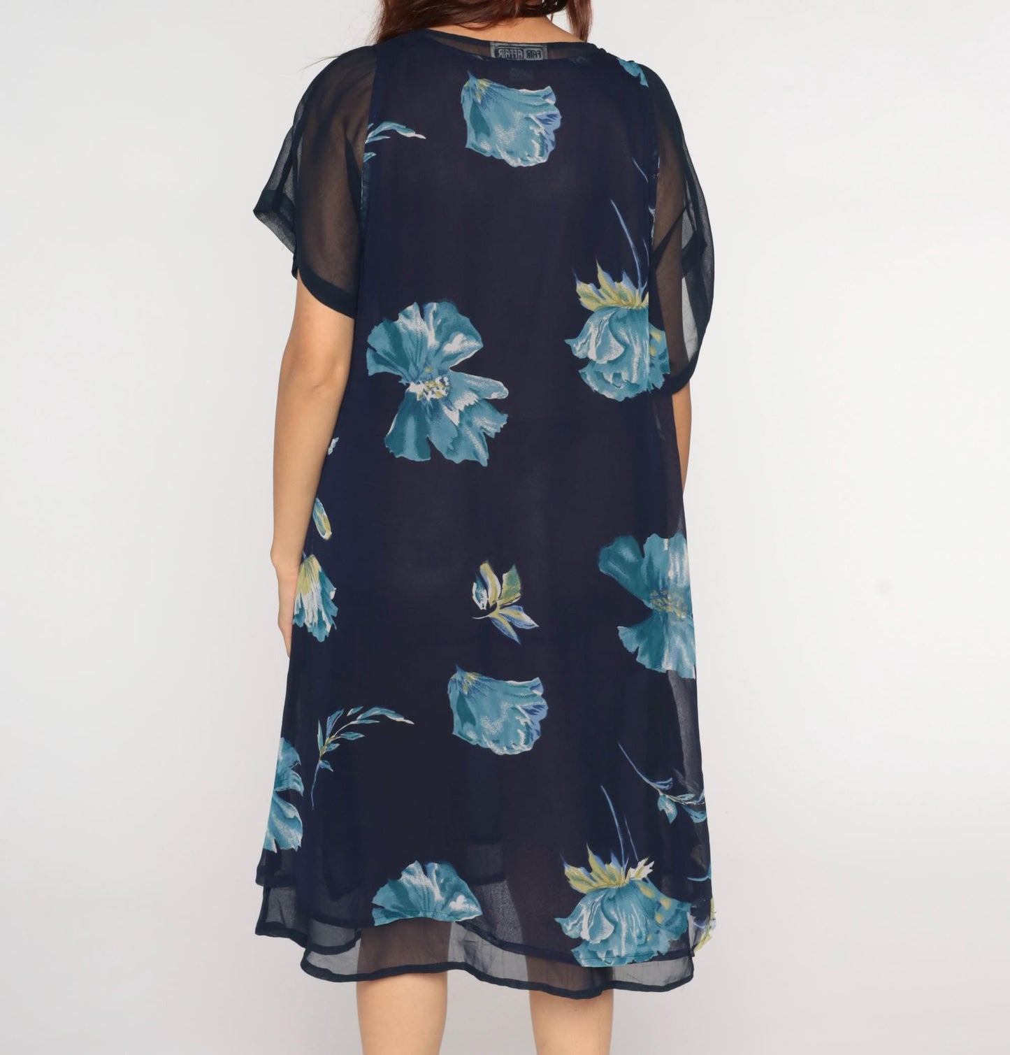 90s Navy Floral Chiffon Dress Short Sleeve Knee Length Large L