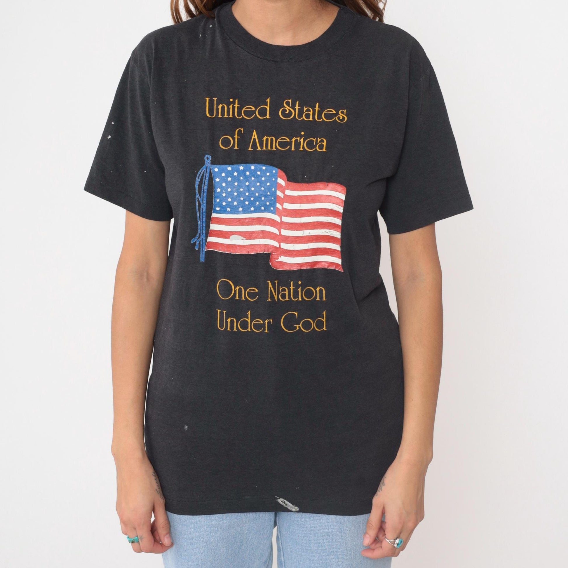 90s Hanes American Flag Graphic Tee Black Cotton Single Stitch Medium