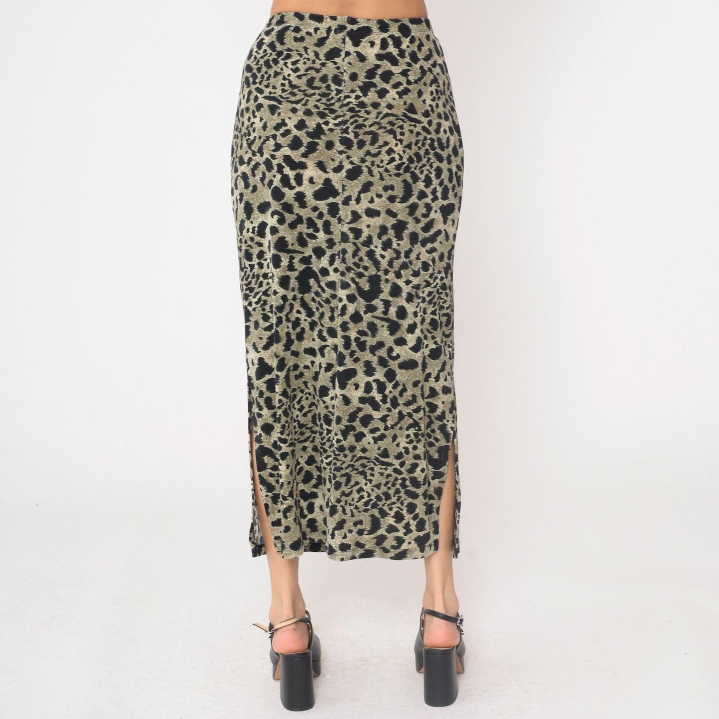 90s Impressions Leopard Print Maxi Skirt High Waist Black Olive Small S