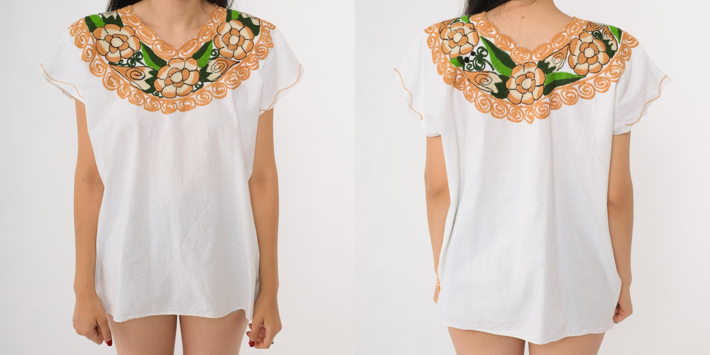 90s Mexican Embroidered Cotton Blouse White Floral Yoke Peasant Top Medium