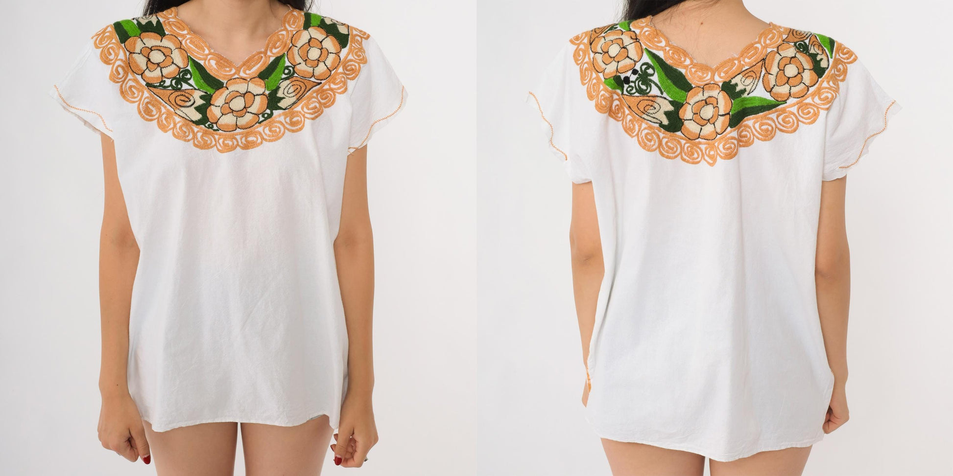 90s Mexican Embroidered Cotton Blouse White Floral Yoke Peasant Top Medium