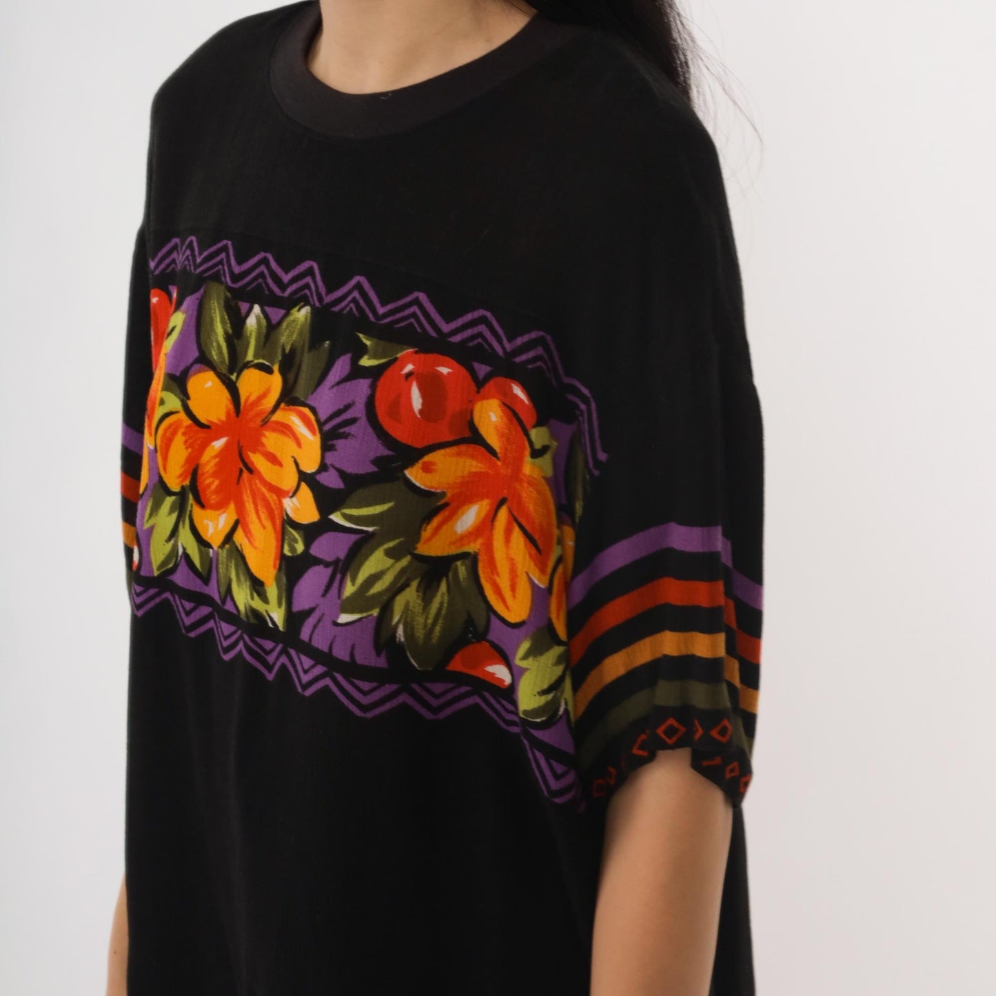 90s SK & Company Hawaiian Shirt Black Rayon Floral Orange Purple Large L