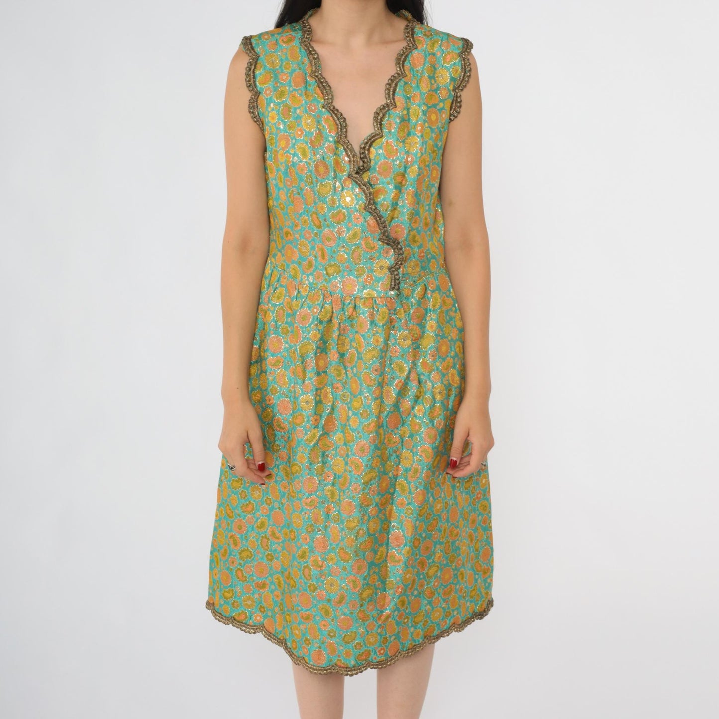 60s Oscar de la Renta Turquoise Brocade Dress Metallic Floral V Neck Small