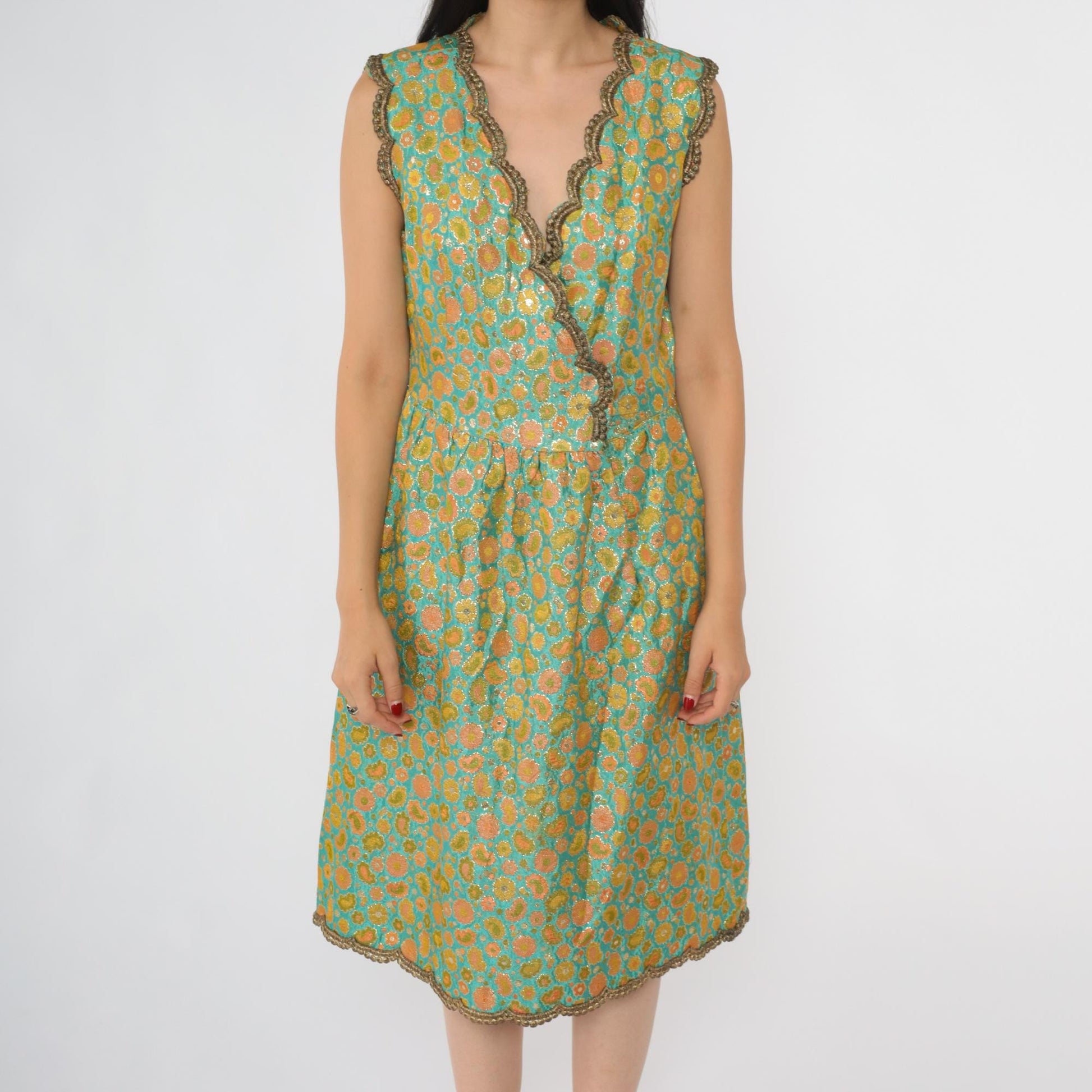 60s Oscar de la Renta Turquoise Brocade Dress Metallic Floral V Neck Small