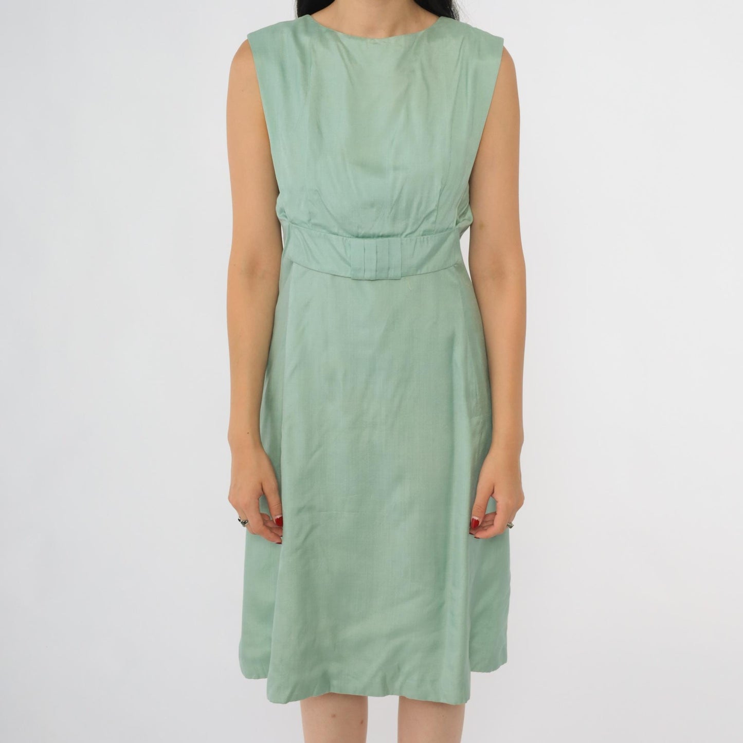 1960s Green Empire Waist Sheath Dress Sleeveless Knee Length Extra Small