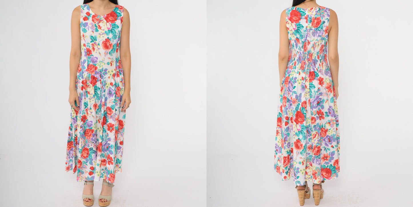 80s Eber San Francisco Floral Maxi Dress Sleeveless Tiered Skirt Medium