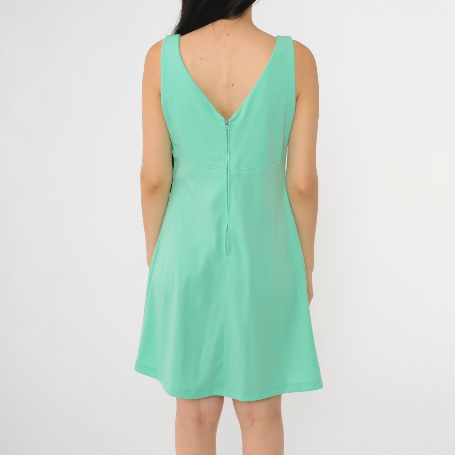 70s Mint Green Mini Dress V-Neck Empire Waist Sleeveless Disco Medium M