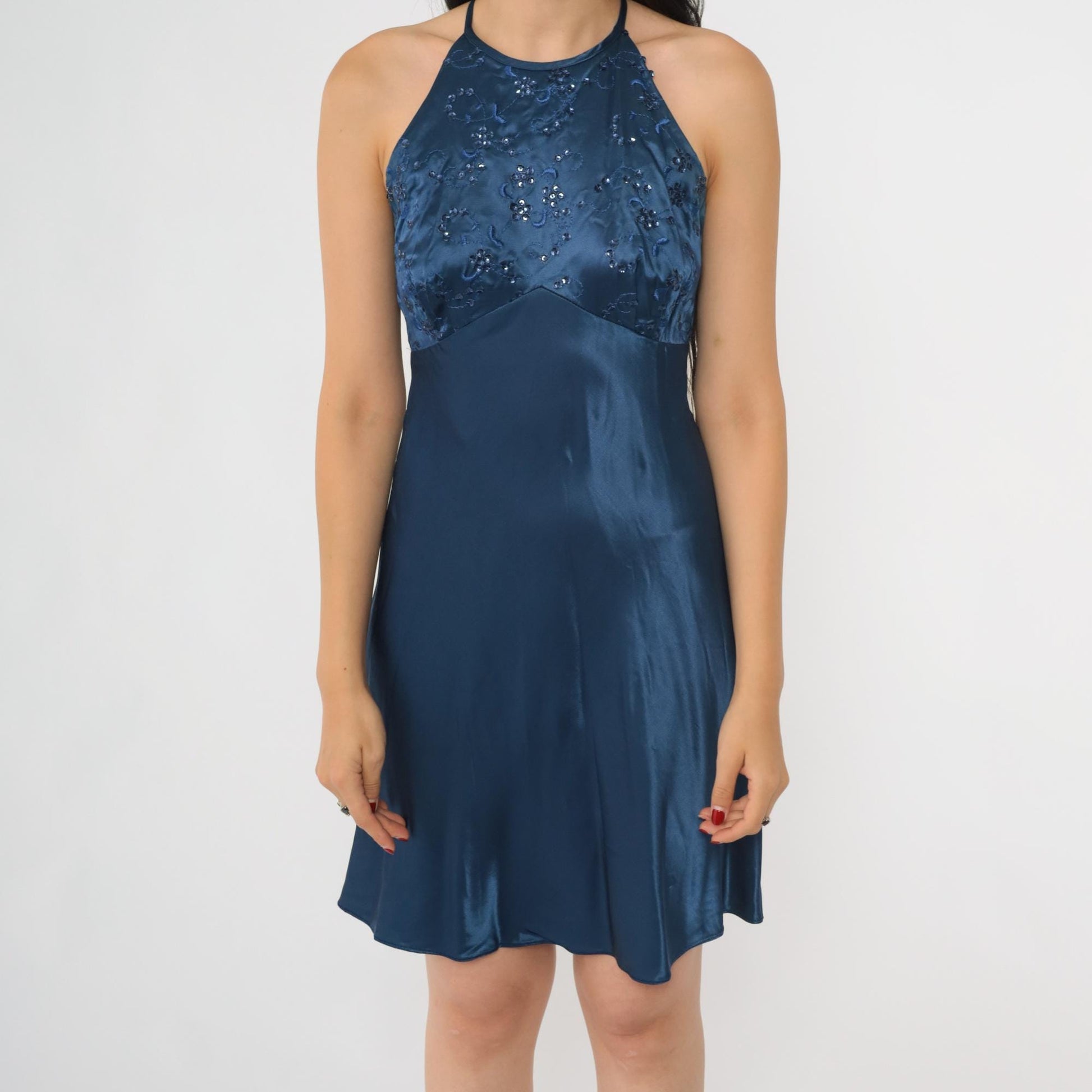 90s Zum Zum Midnight Blue Sequin Floral Halter Mini Dress Small