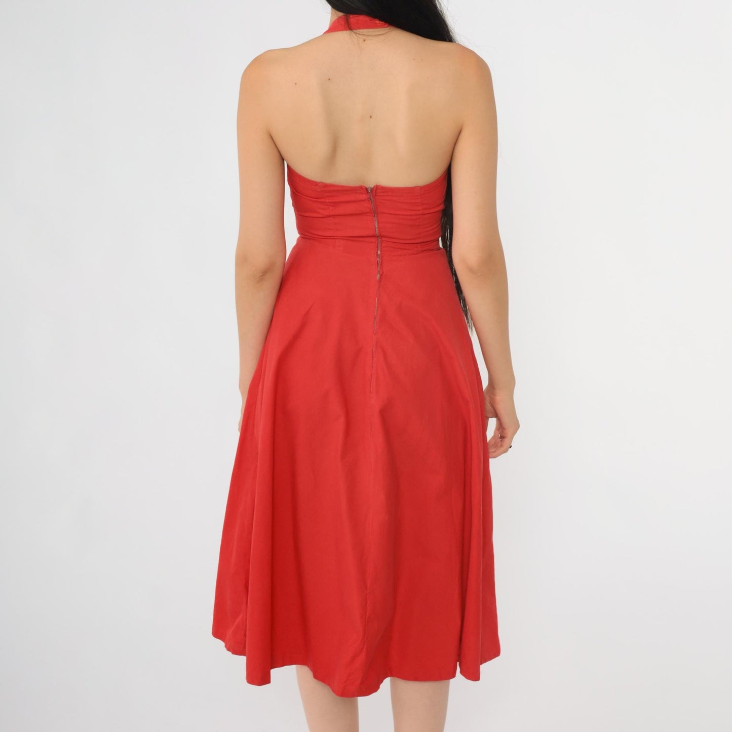 1950s Red Halter Sweetheart Midi Dress Full Skirt XXS
