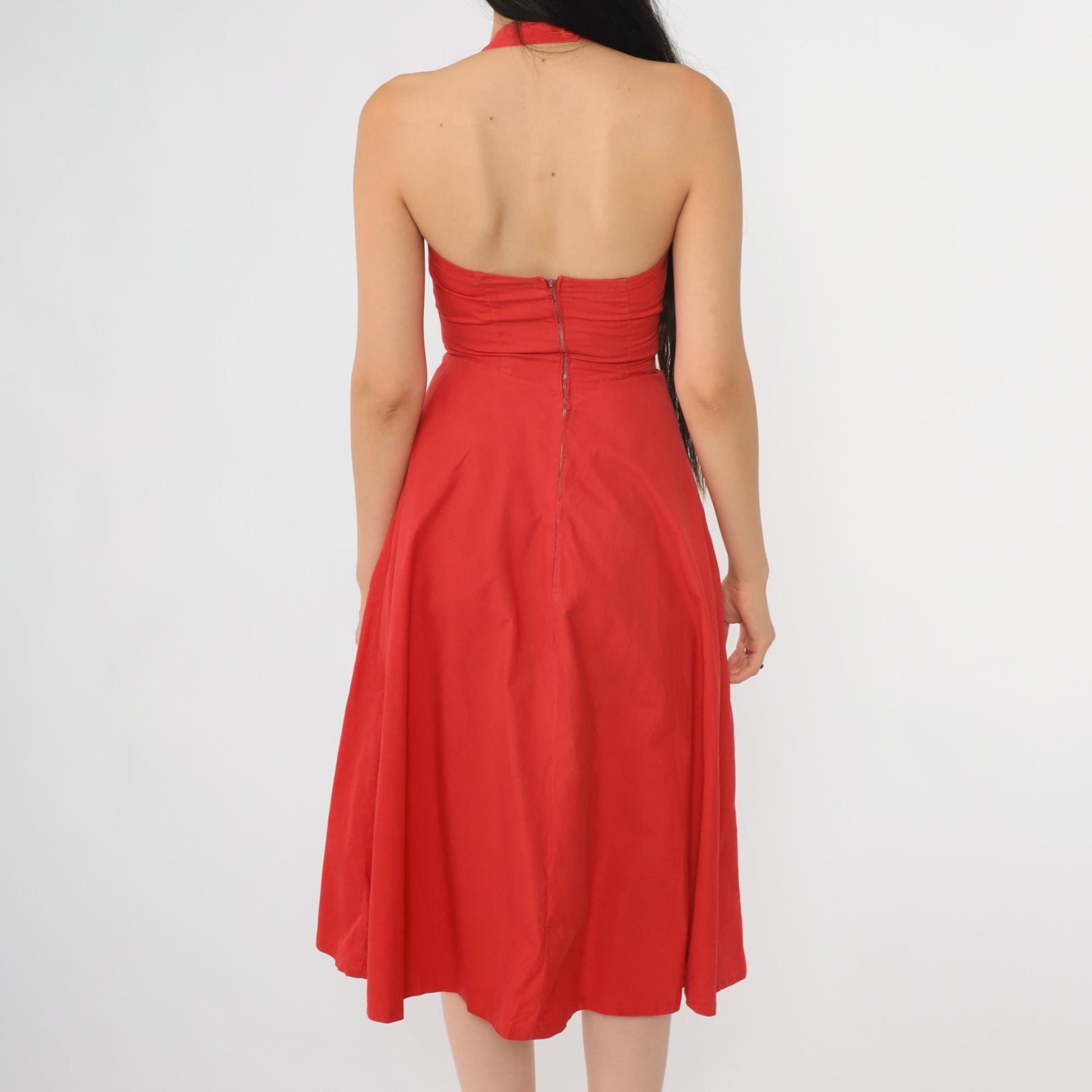 1950s Red Halter Sweetheart Midi Dress Full Skirt XXS