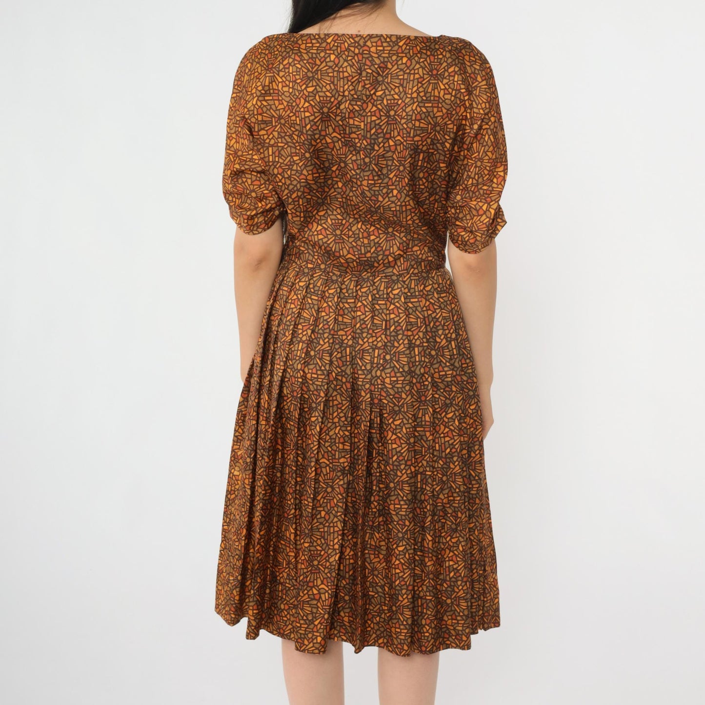 60s Geometric Mosaic Print Dress Brown Orange Bateau Neckline Midi Small