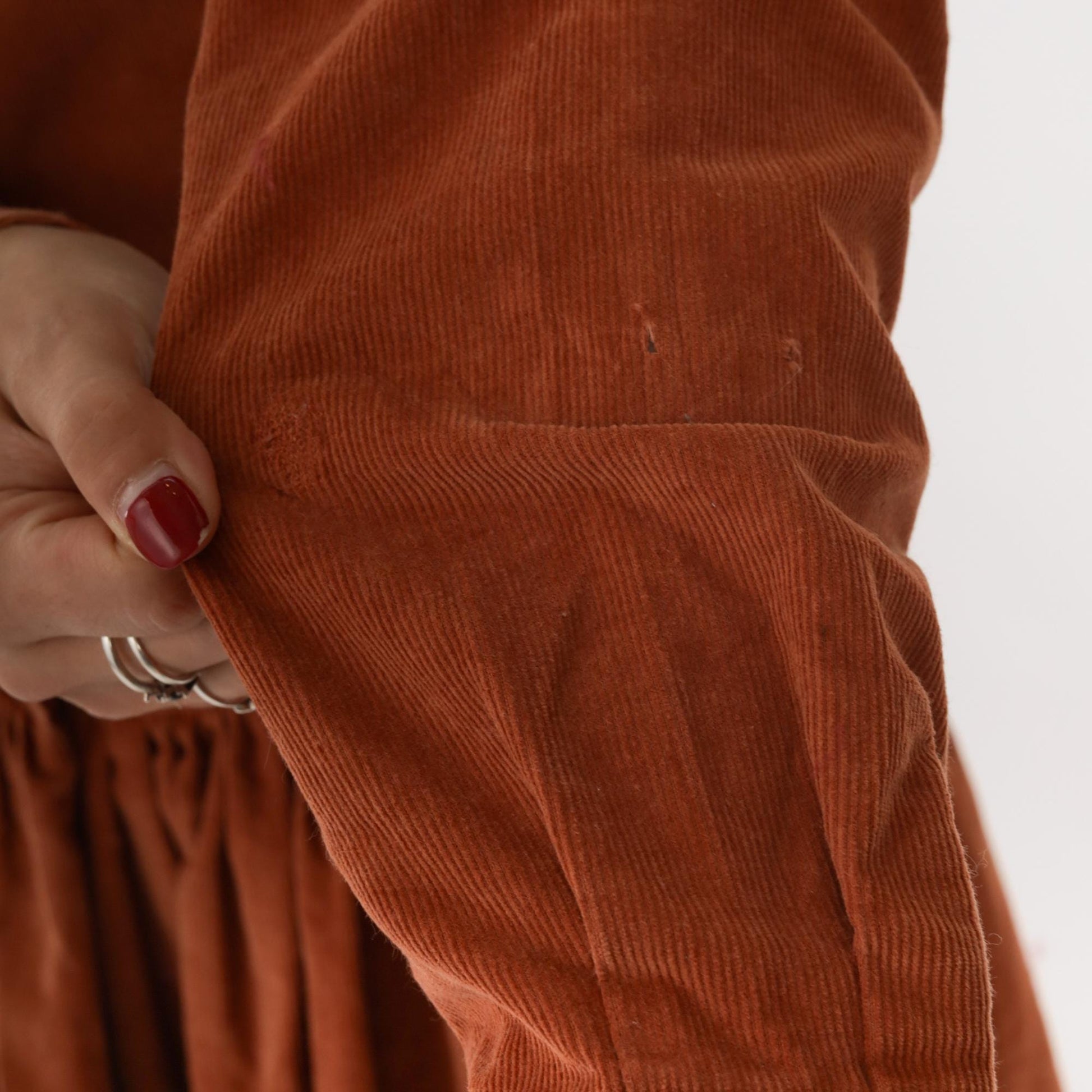 80s Rust Corduroy Midi Dress High Neck Puff Sleeve Fitted Waist Small
