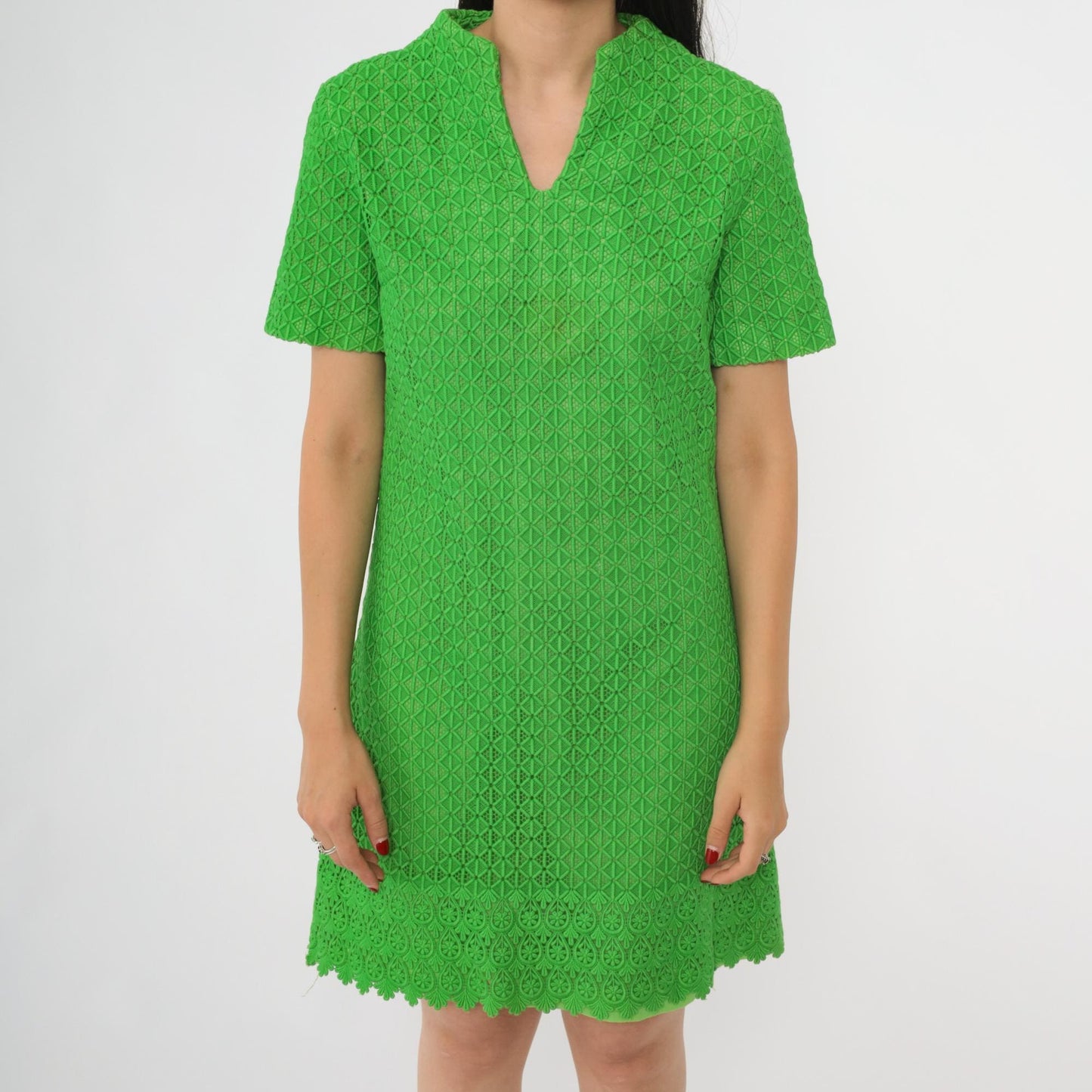 60s Green Guipure Lace Mod Mini Dress Geometric Embroidered V-Neck Small