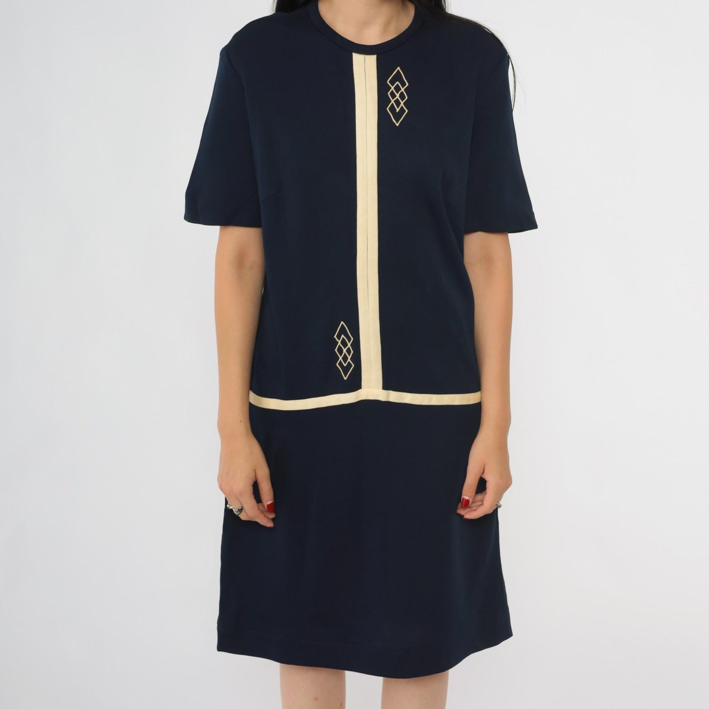 1960s Mod Scooter Dress Navy Geometric Drop Waist Shift Knee-Length Medium M
