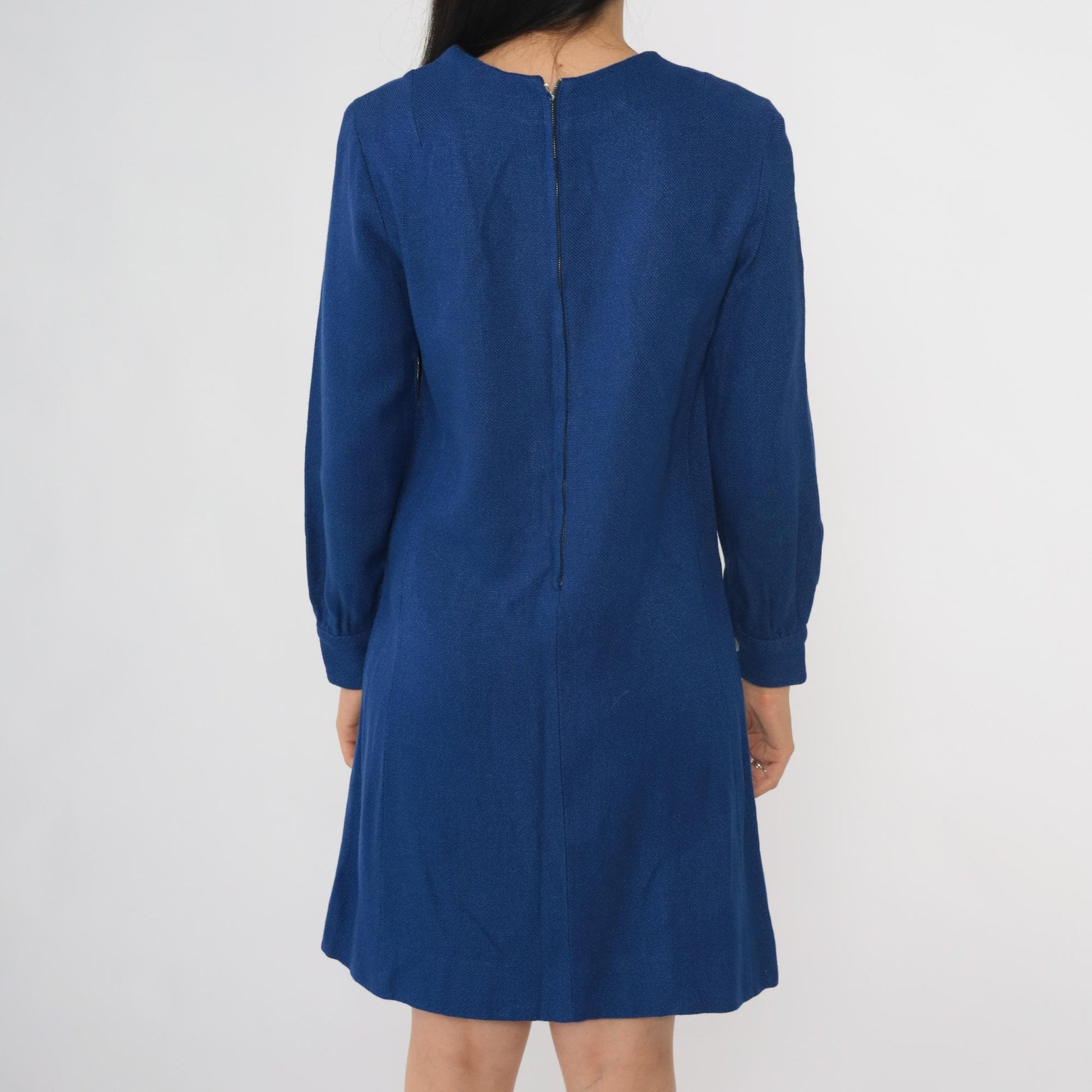 60s Blue Mod Shift Mini Dress Long Sleeve Rear Zip Extra Small