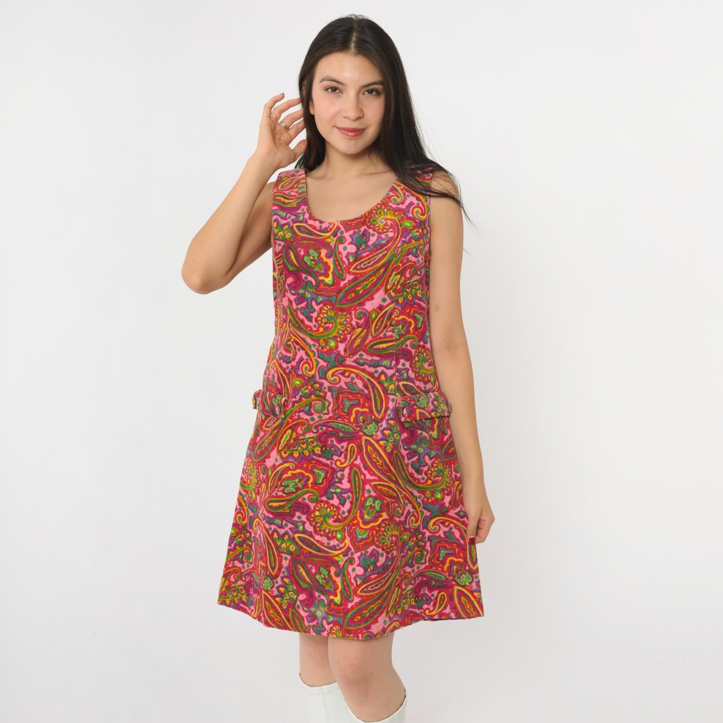 60s Pincord Psychedelic Paisley Corduroy Mini Dress Pink Scoop Neck Small