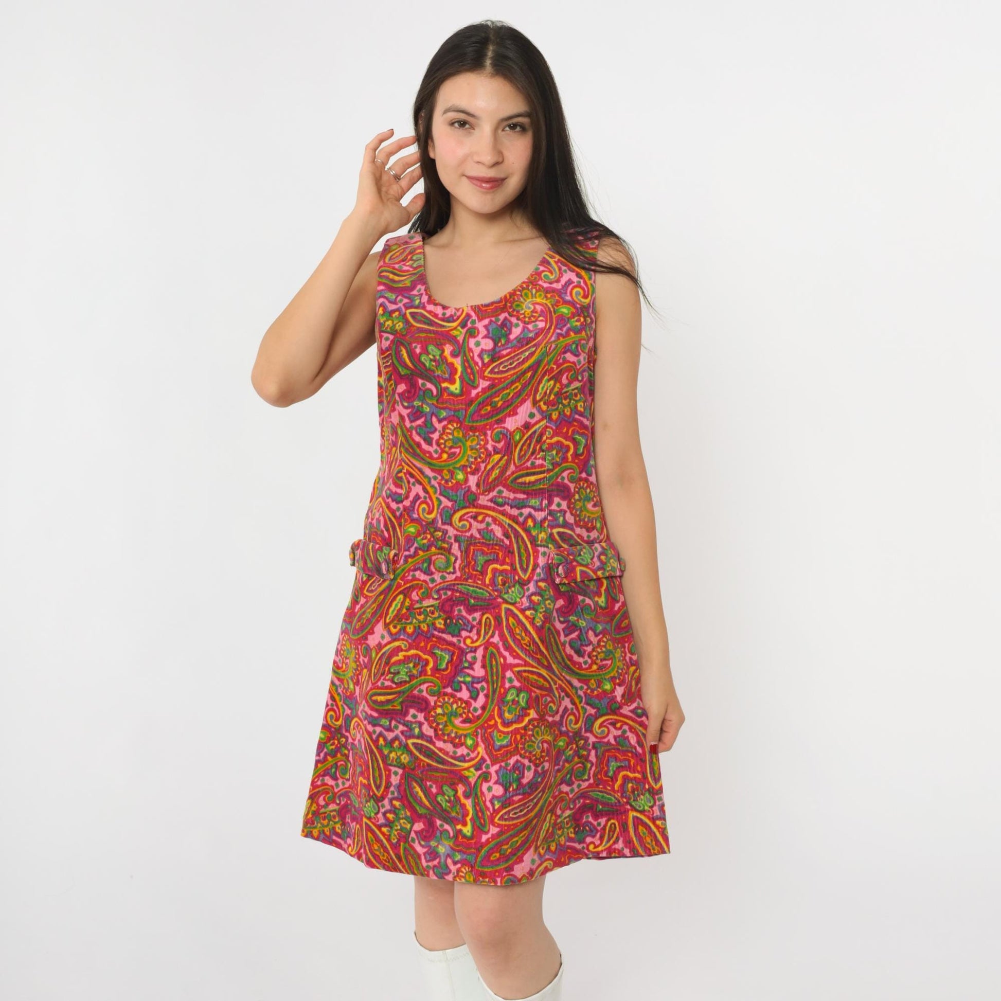 60s Pincord Psychedelic Paisley Corduroy Mini Dress Pink Scoop Neck Small