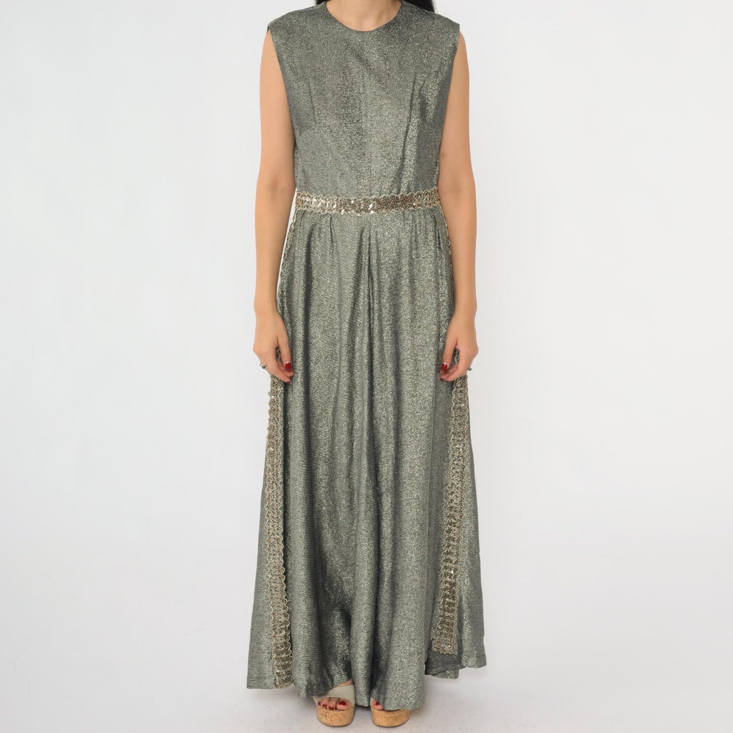 70s Silver Sequined Maxi Dress High Waisted Sleeveless Evening Gown Small