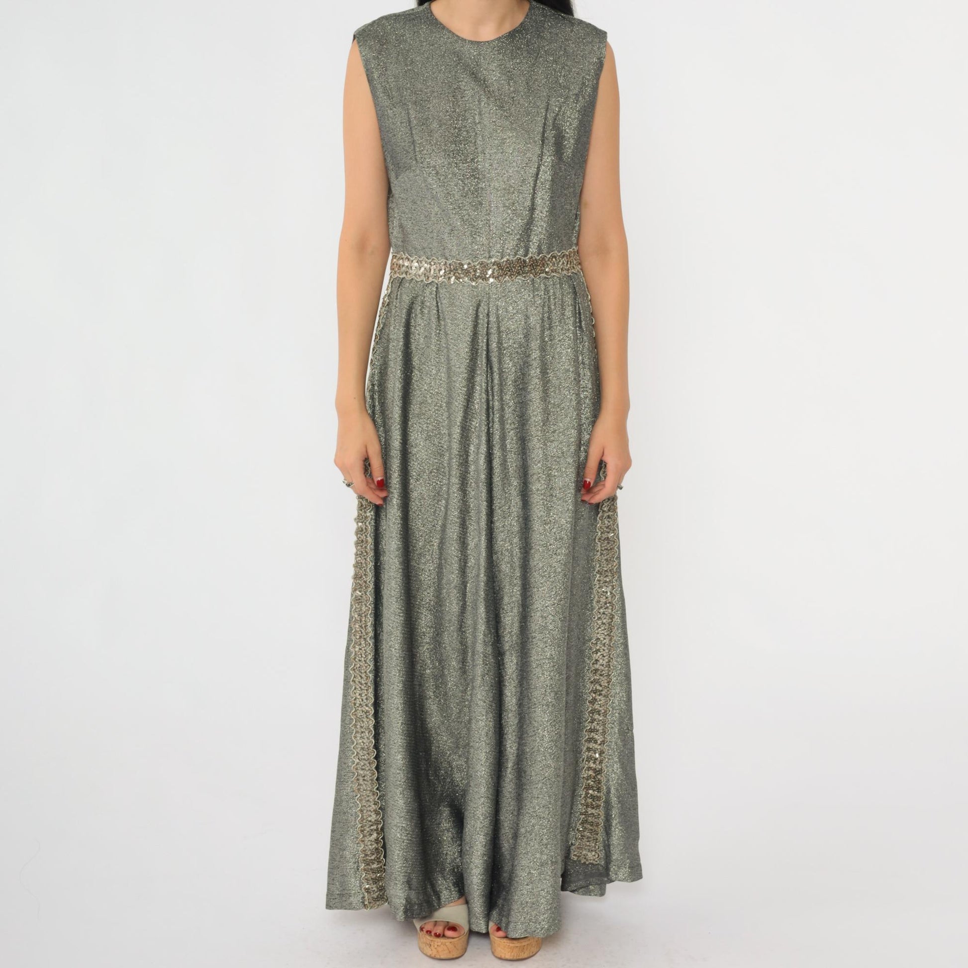 70s Silver Sequined Maxi Dress High Waisted Sleeveless Evening Gown Small