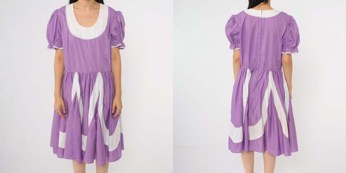 70s Purple Prairie Dress Partners Please Puff Sleeve Square Dance Large