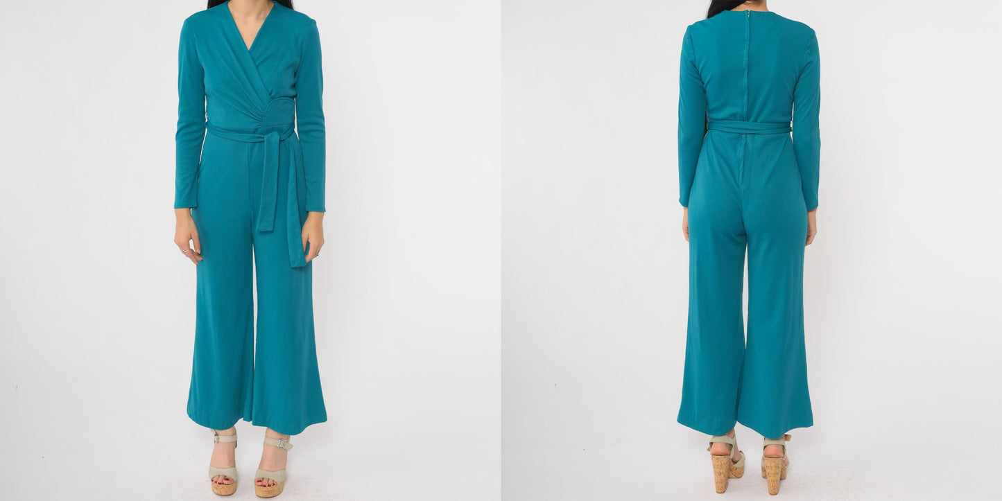 70s Turquoise Wrap Front Jumpsuit Bell Bottom Wide Leg V Neck Small
