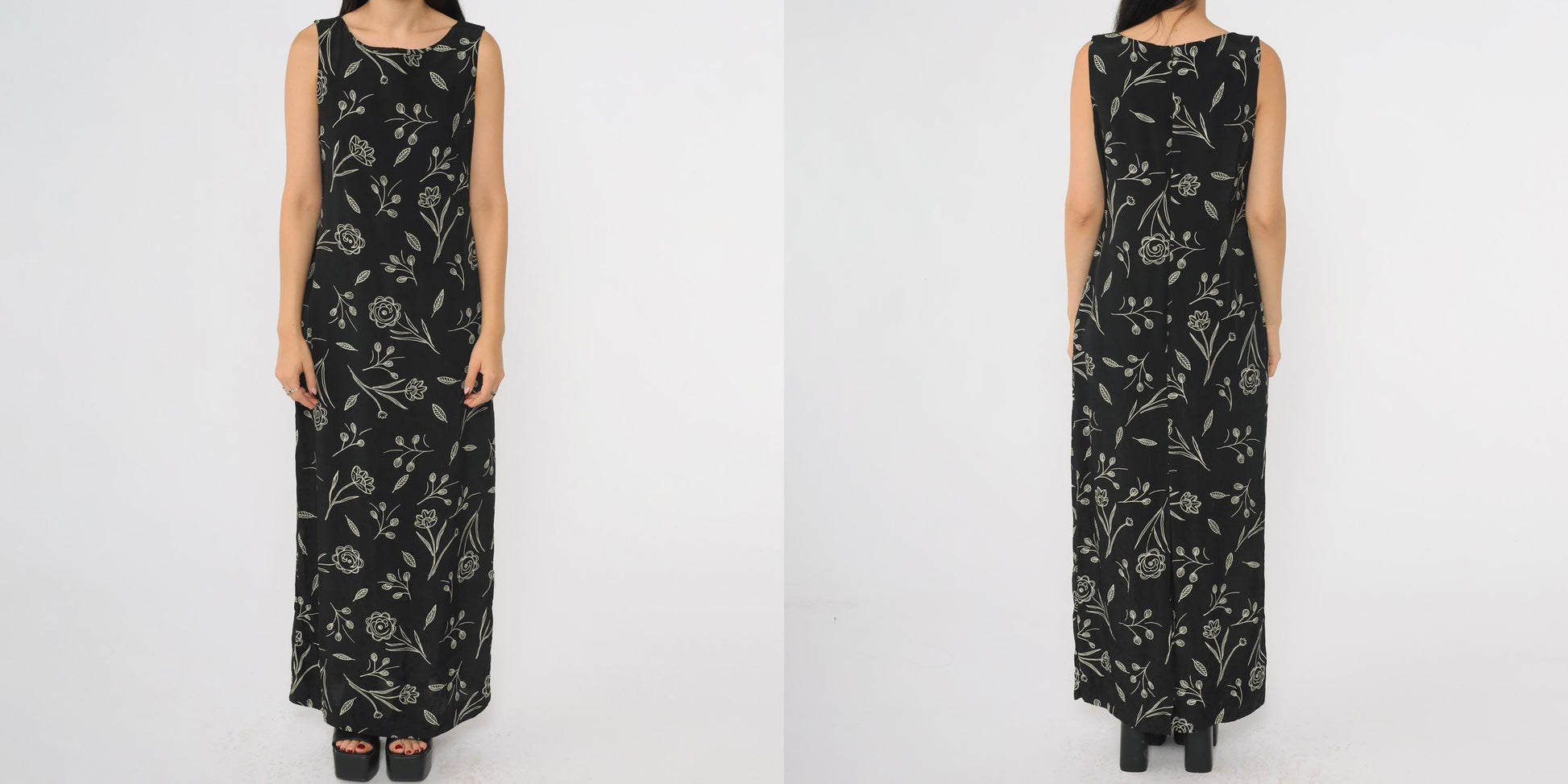 90s Campbell Black Maxi Dress Botanical Line Drawing Rayon Small