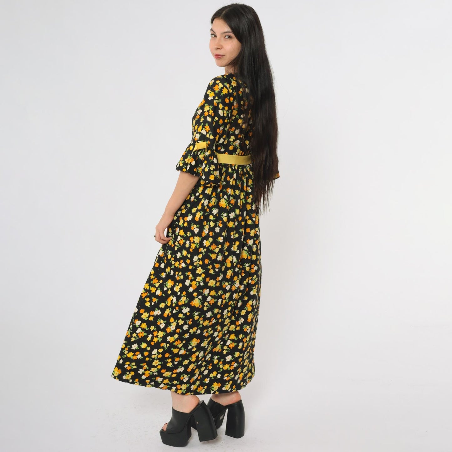 70s Lazy U Black Floral Maxi Dress Bell Sleeve Yellow Bow Large