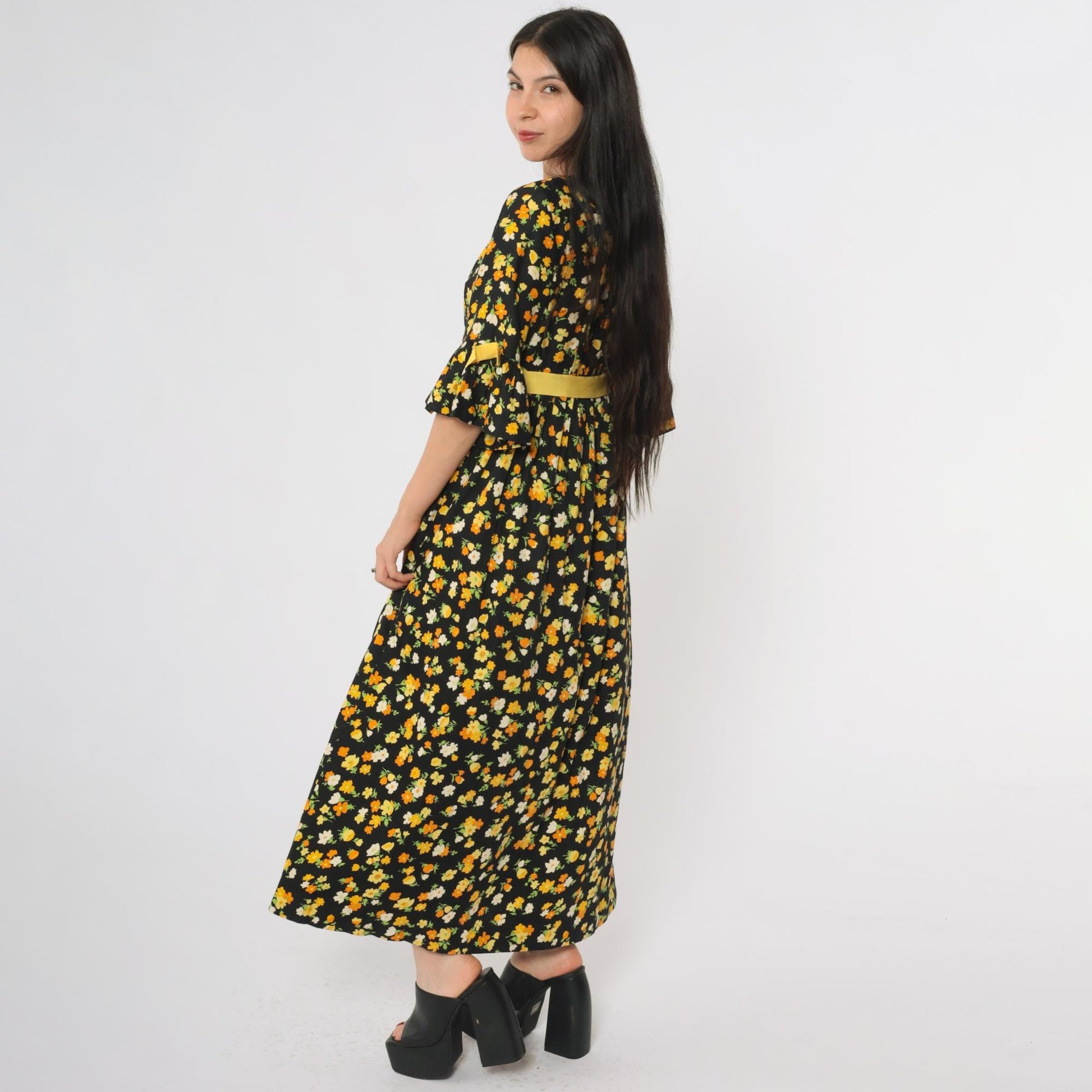 70s Lazy U Black Floral Maxi Dress Bell Sleeve Yellow Bow Large